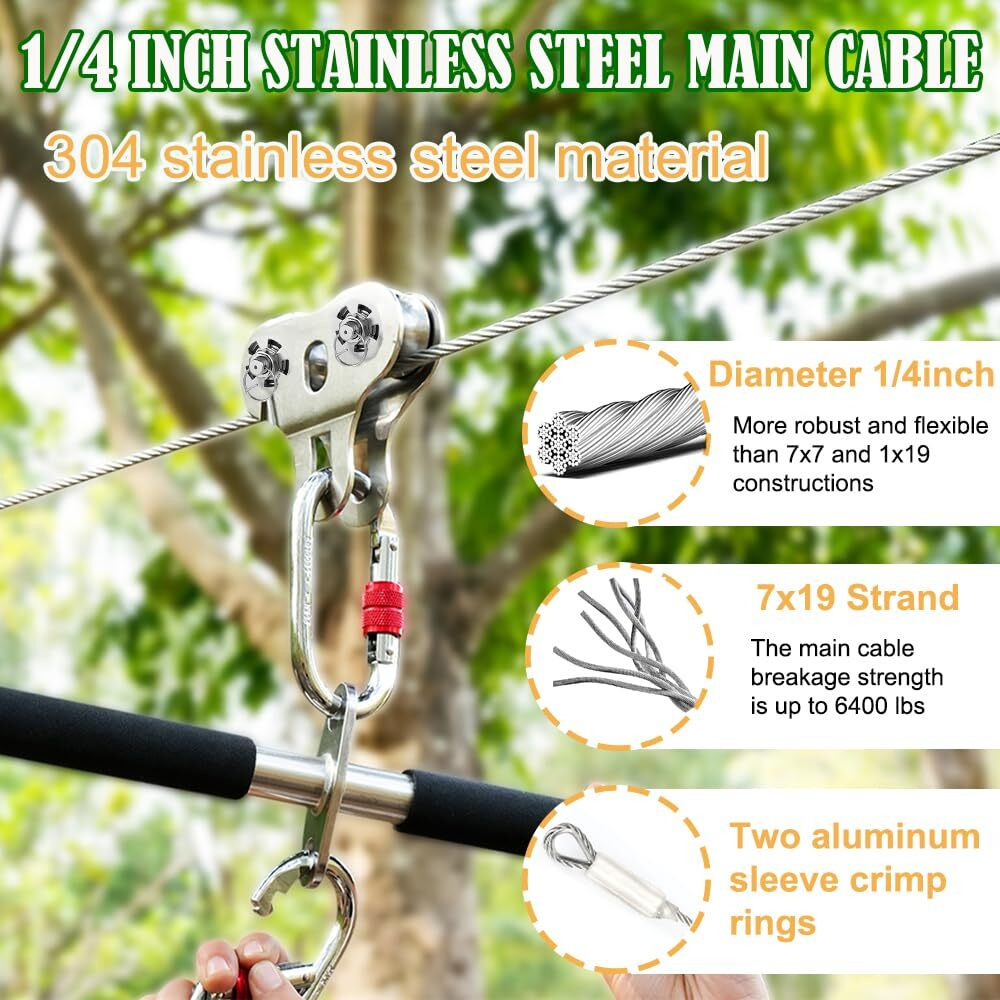 Fologtoo Zip Lines For Kids And Adults Outdoor Up To 500 Lbs  304 Stainless Steel 80Ft Zipline Kits For Backyard With Thickened 1/4"" Wire Rope  Removable Pulley  Outdoor Playground Equipment