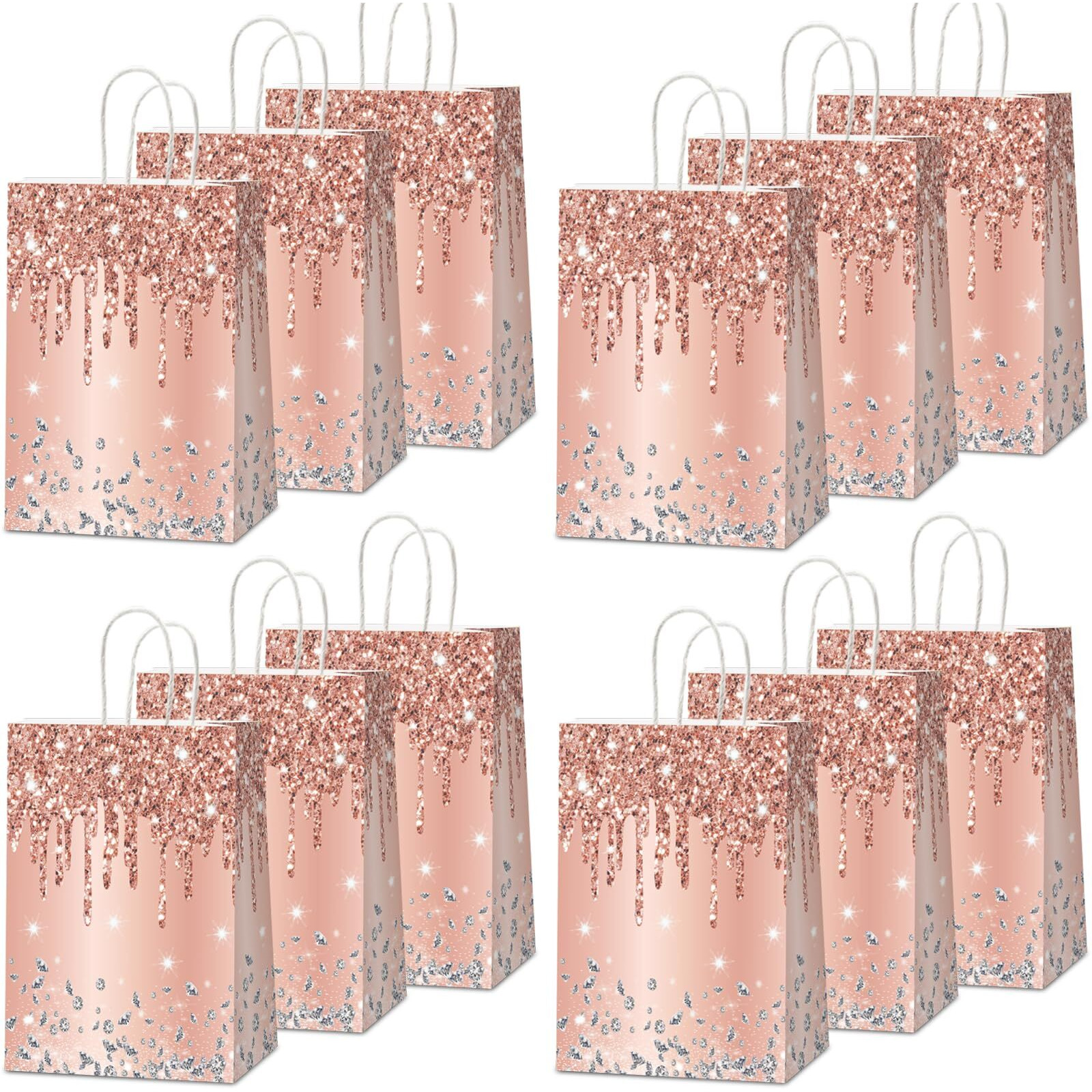 Naozinebi 12Pcs Pink Rose Gold Gift Bags Glitter Diamond Goodie Bag Happy Birthday Treat Bag Rose Gold Candy Bags Supply For Wedding Bridal Baby Shower Holiday Party Favors Decoration 4.7*3.15*8Inch