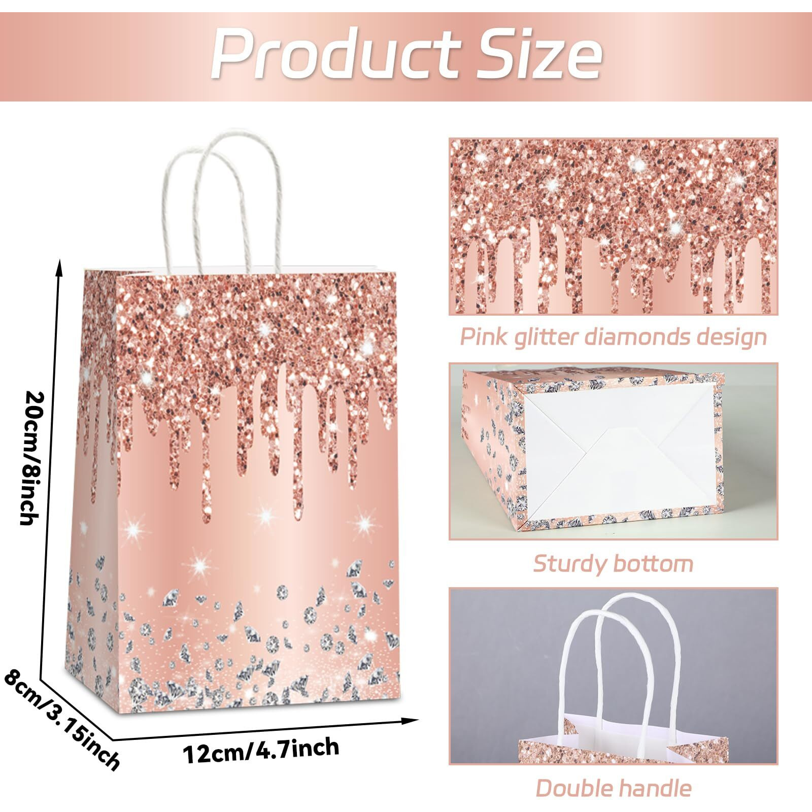 Naozinebi 12Pcs Pink Rose Gold Gift Bags Glitter Diamond Goodie Bag Happy Birthday Treat Bag Rose Gold Candy Bags Supply For Wedding Bridal Baby Shower Holiday Party Favors Decoration 4.7*3.15*8Inch