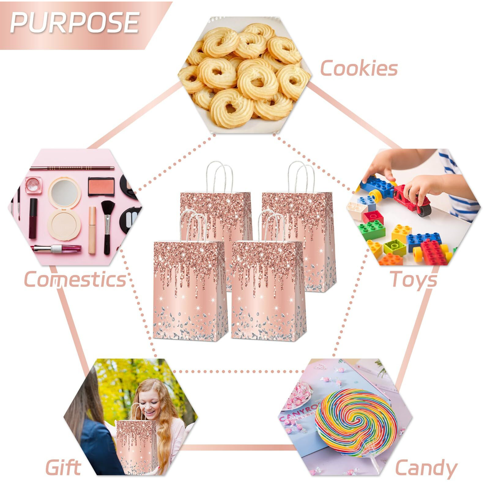 Naozinebi 12Pcs Pink Rose Gold Gift Bags Glitter Diamond Goodie Bag Happy Birthday Treat Bag Rose Gold Candy Bags Supply For Wedding Bridal Baby Shower Holiday Party Favors Decoration 4.7*3.15*8Inch