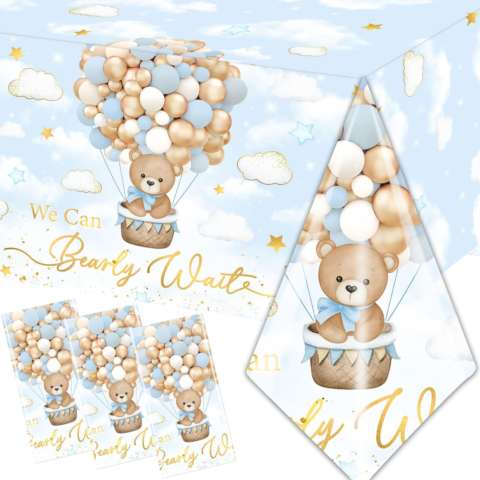 Bear Baby Shower Tablecloth  We Can Bearly Wait Baby Shower Decorations 3Pcs Blue Teddy Bear Table Cover  Bear Baby Gender Reveal Tablecloths For Kids Baby Shower Birthday Party Supplies  108X180Cm