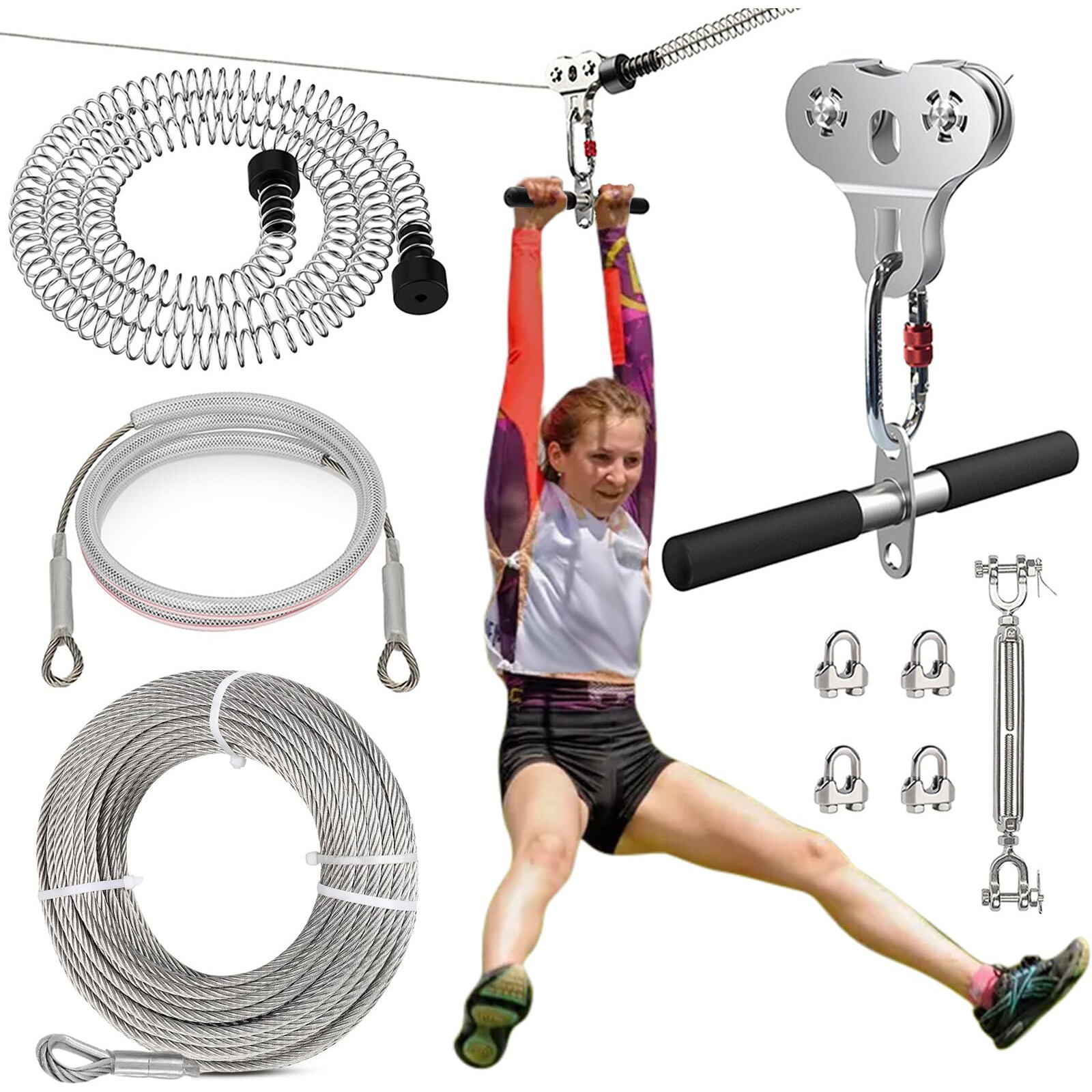 Fologtoo Zip Lines For Kids And Adults Outdoor Up To 500 Lbs  304 Stainless Steel 200Ft Zipline Kits For Backyard With Thickened 1/4"" Wire Rope  Removable Pulley  Outdoor Playground Equipment