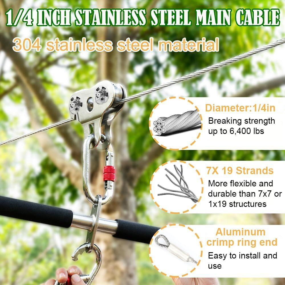 Fologtoo Zip Lines For Kids And Adults Outdoor Up To 500 Lbs  304 Stainless Steel 200Ft Zipline Kits For Backyard With Thickened 1/4"" Wire Rope  Removable Pulley  Outdoor Playground Equipment