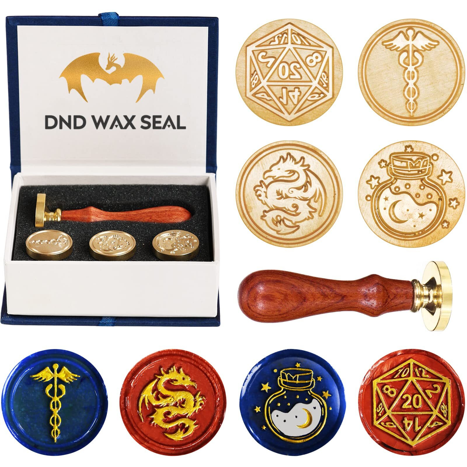 Dnd Wax Seal Stamp  Ideal Gift For Dungeons And Dragons/D&D Envelope Scroll. Fantasy Wax Seal Kit With Dragon/D20 Dice/Magic Potion/Caduceus  Great Rpg Accessories Nerdy Gift For Dnd Lover Dm & Player