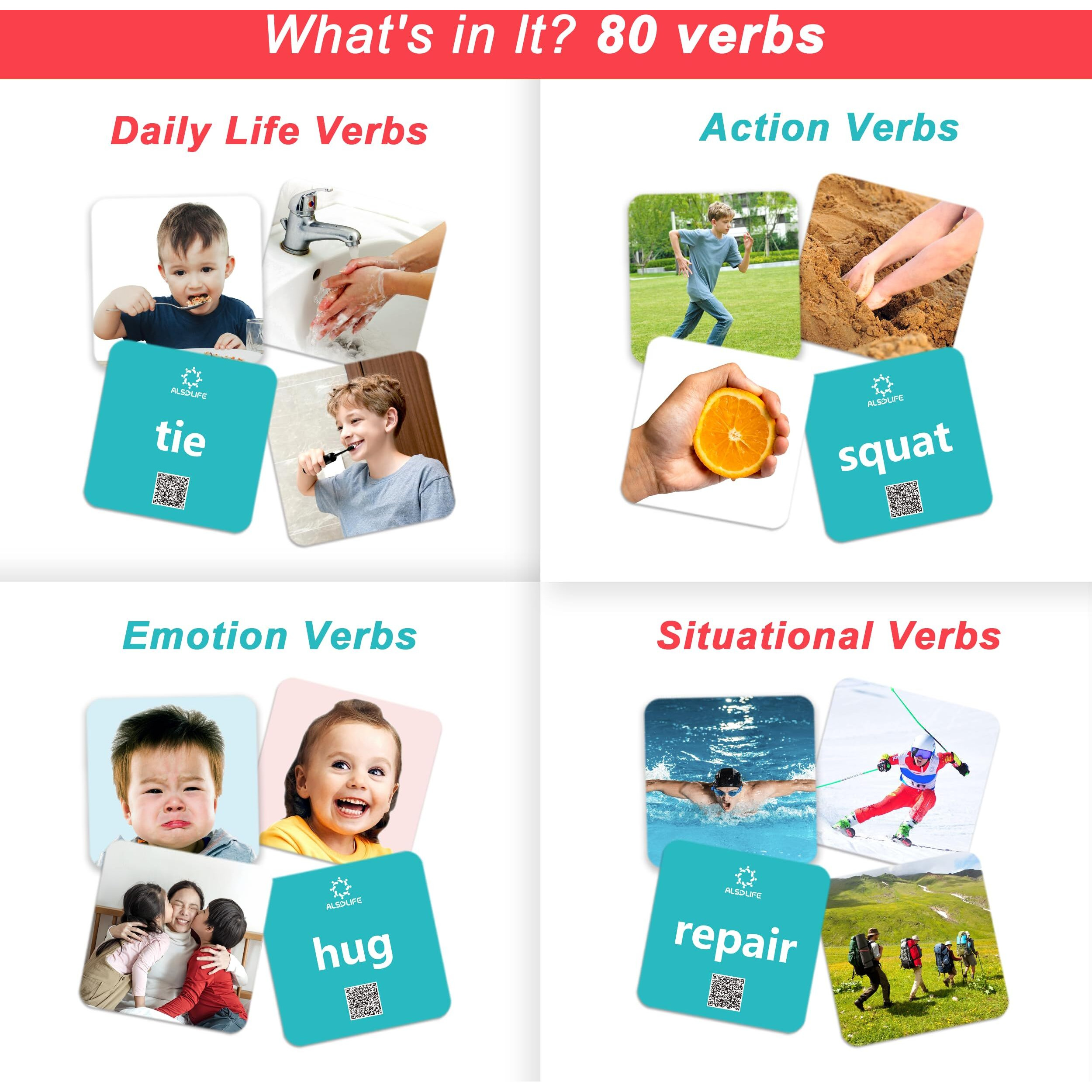 Alsolife 80 Action Cards For Speech Therapy  Videos For Fun Learning  Sturdy And Durable Verbs Flashcards  Speech Therapy Materials & Autism Learning Materials  Engaging Action Picture Cards