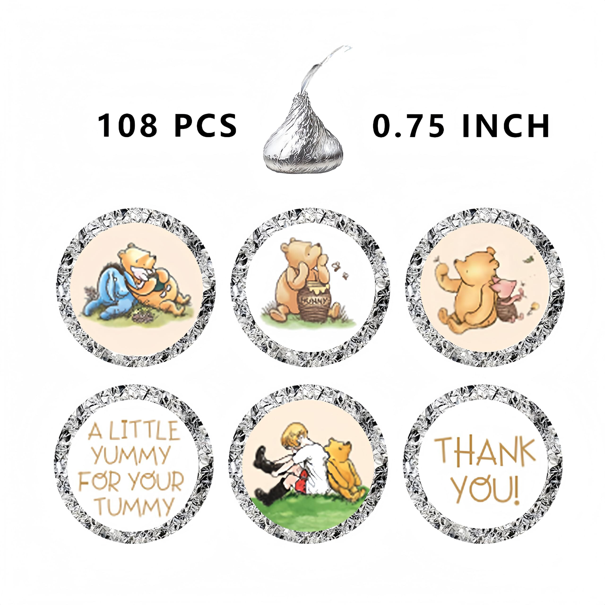 108 Pcs Winnie Stickers Mini Candy Labels Pooh Thank You Sticker Cute Winnie Baby Shower Decorations Birthday Party Decoration Supplies