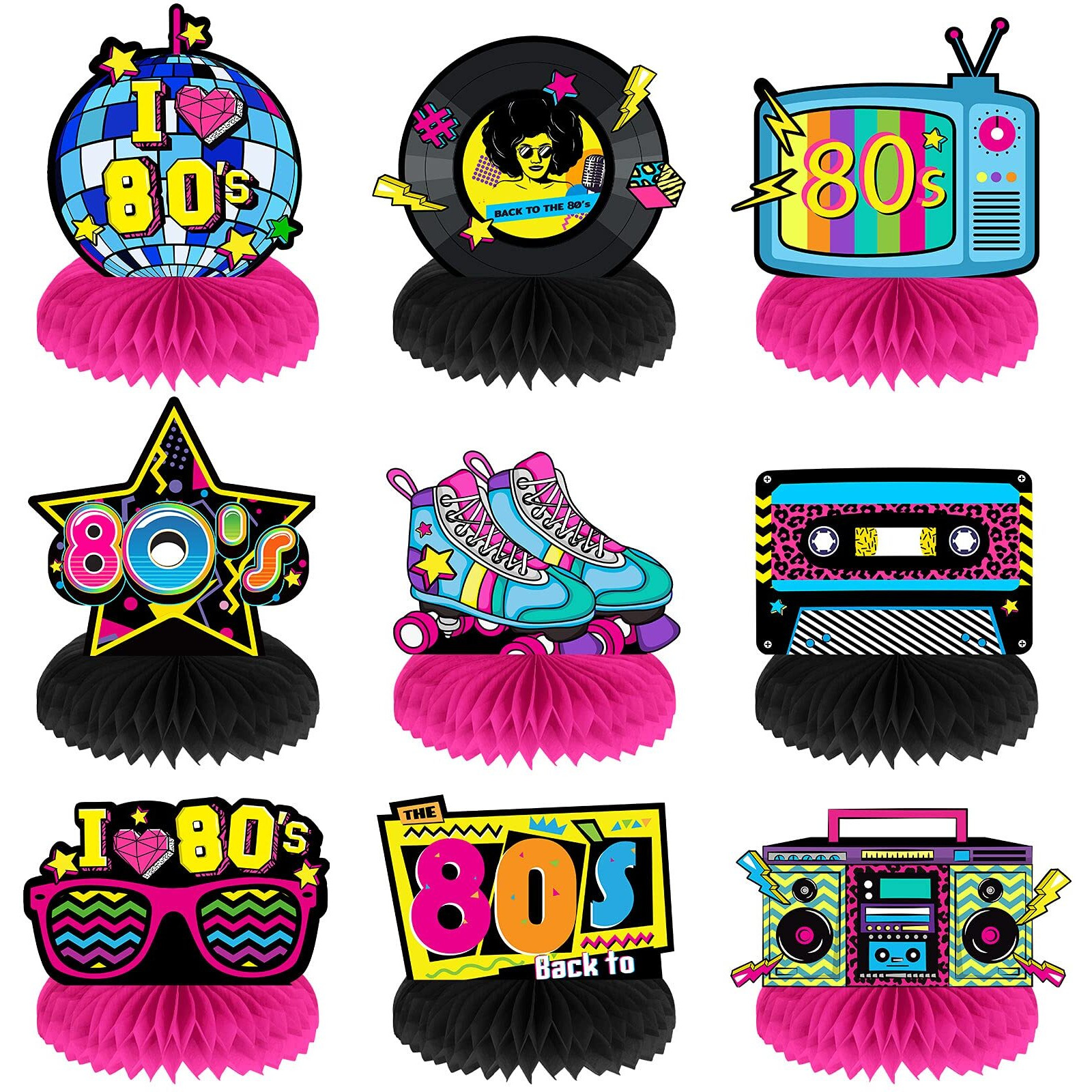 9 Pieces 80's Honeycomb Centerpieces 80's Party Table Centerpieces 80's Retro Table Decorations Table Toppers Retro Hip Hop Party Supplies Decor For 80S Themed Party Hip Hop Party Birthday