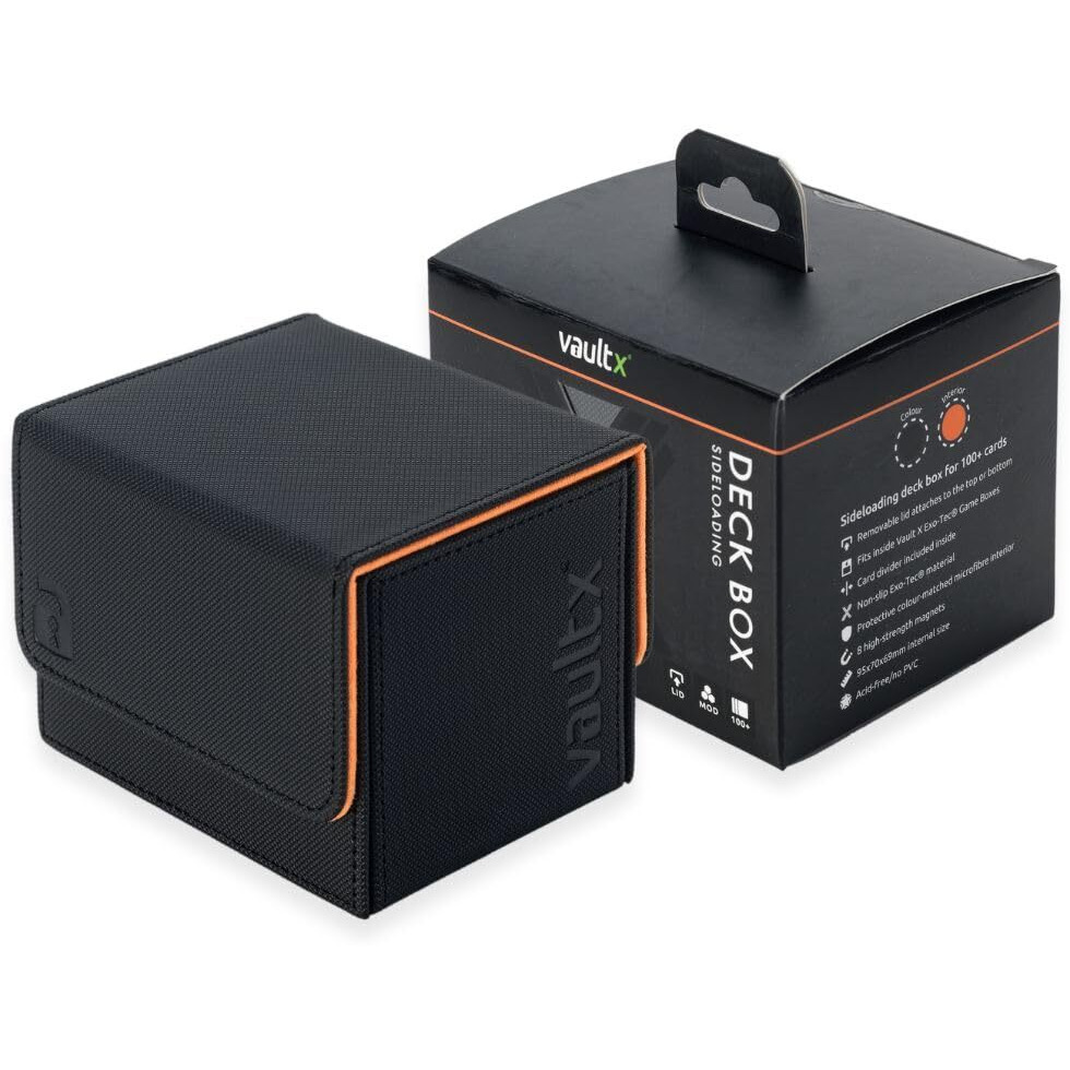 Vault X Exo-Tec Modular Sideloading Deck Box Module For 100+ Tcg Cards. Detachable Magnetic Lid. Fits Commander & Standard Trading Cards. (Black/Electric Orange)