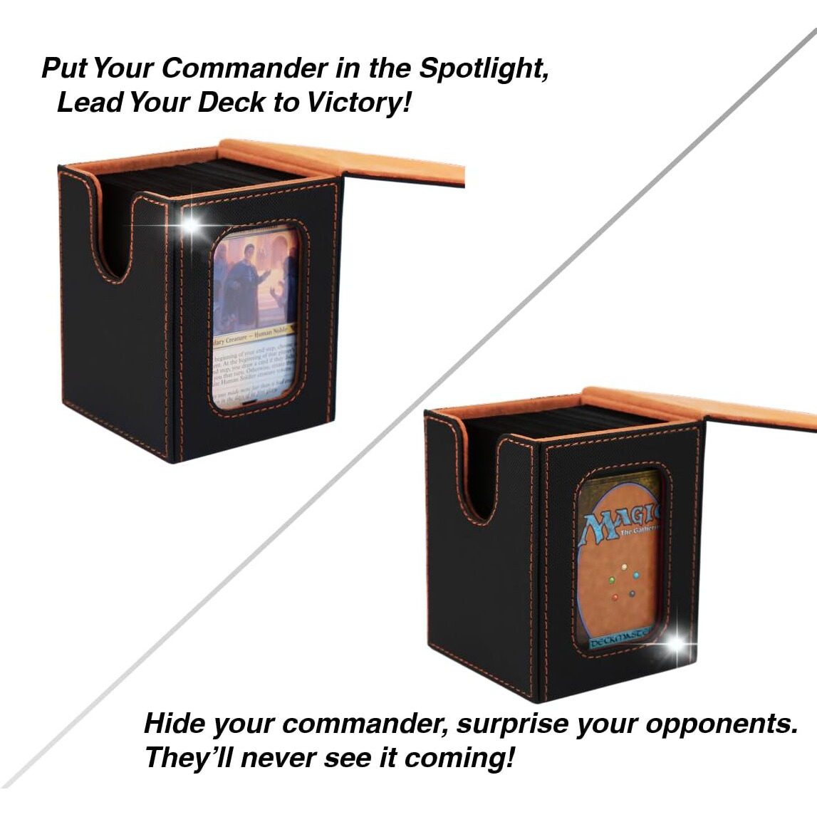 Venssu Mtg Deck Box For Commander Display Card Deck Box Fits 100 Double Sleeved Cards  Tcg Card Storage Box (Black And Orange  1 Window)
