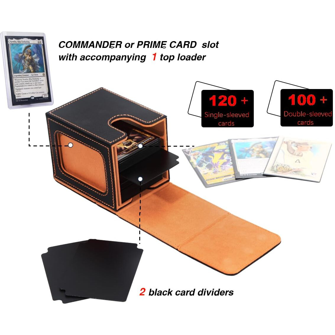 Venssu Mtg Deck Box For Commander Display Card Deck Box Fits 100 Double Sleeved Cards  Tcg Card Storage Box (Black And Orange  1 Window)