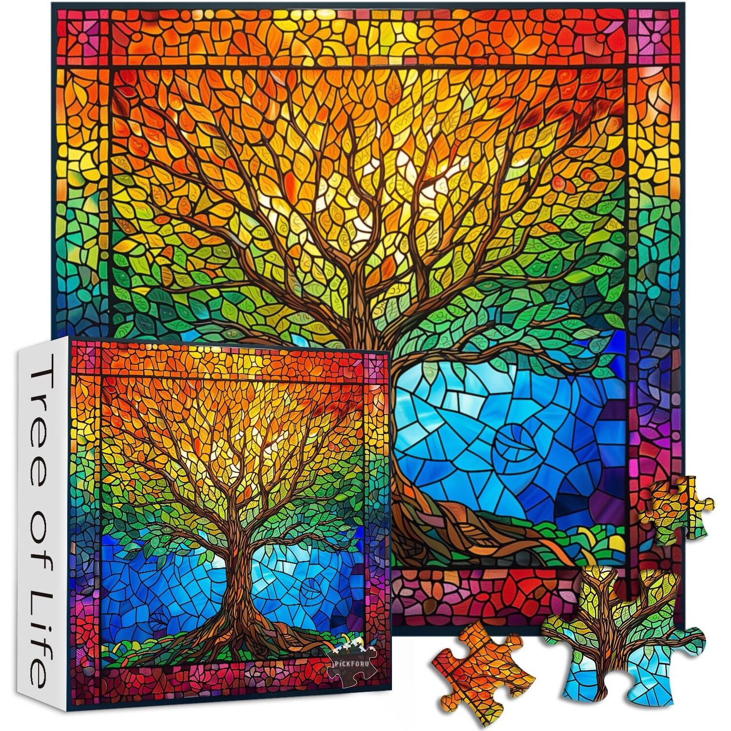 Pickforu Stained Glass Puzzles For Adults 1000 Pieces And Up  Mosaic Tree Of Life Puzzle Unique Rainbow Puzzles  Colorful Difficult Jigsaw Puzzles For Adults
