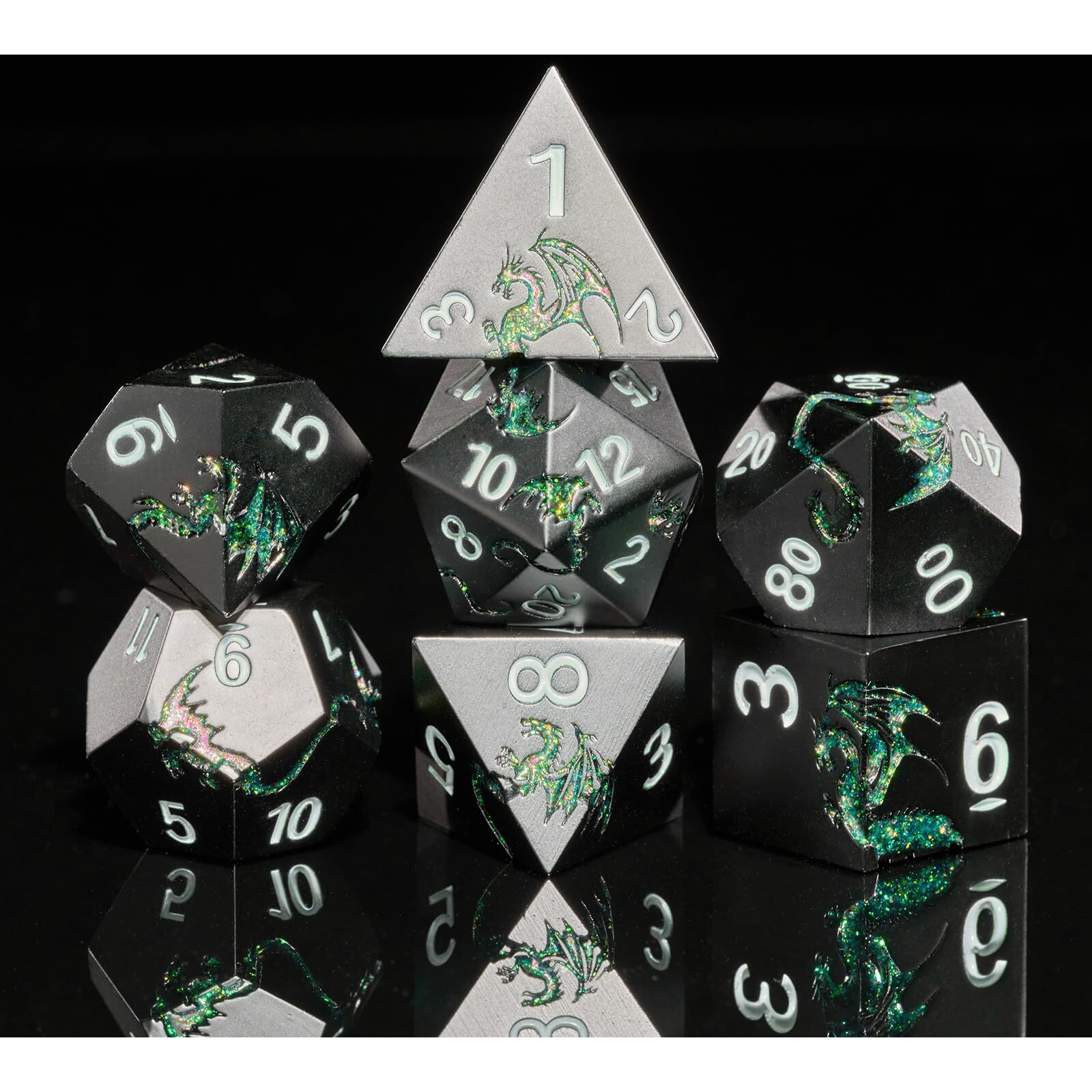 Hnccesg D&D Dice Set Metal Dragon Polyhedral Dnd Dice Set With Dragon Gift Box For Game Dice Dungeons And Dragons Ttrpg(Black With Glitter Green Dragon)