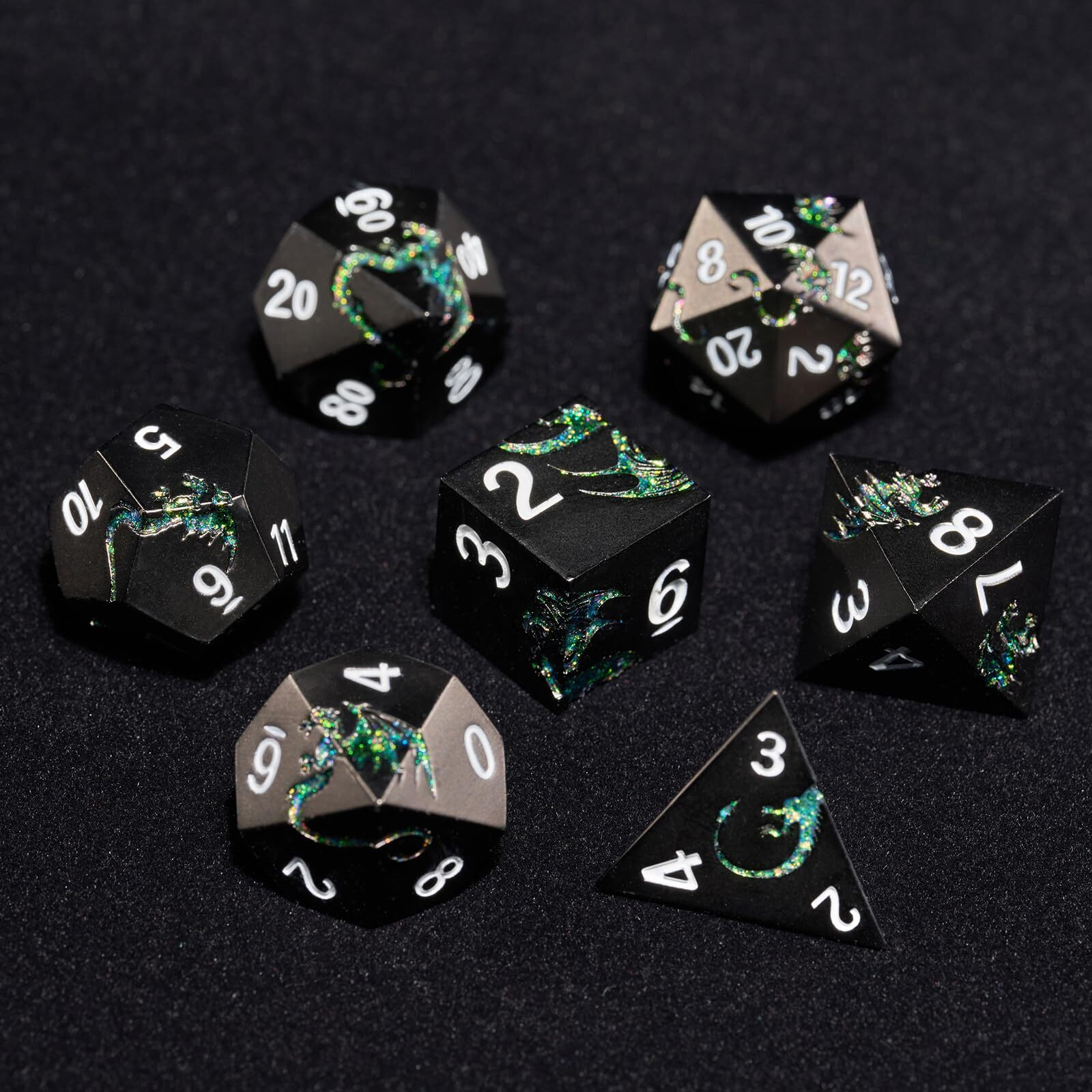 Hnccesg D&D Dice Set Metal Dragon Polyhedral Dnd Dice Set With Dragon Gift Box For Game Dice Dungeons And Dragons Ttrpg(Black With Glitter Green Dragon)