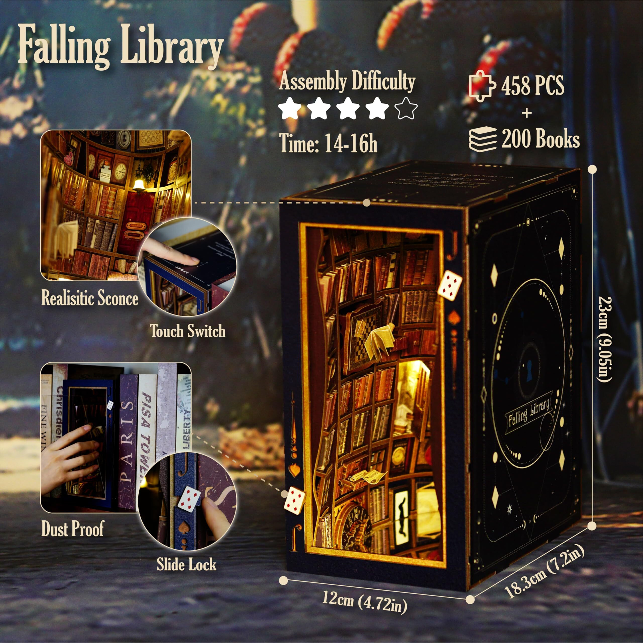 Joohour Diy Book Nook Kit  Alice In Wonderland  Dollhouse Miniature  Booknook Bookshelf Insert Decor Alley 3D Wooden Puzzle  Bookends Model Building Kit  Gift For Teens And Adults  Falling Library