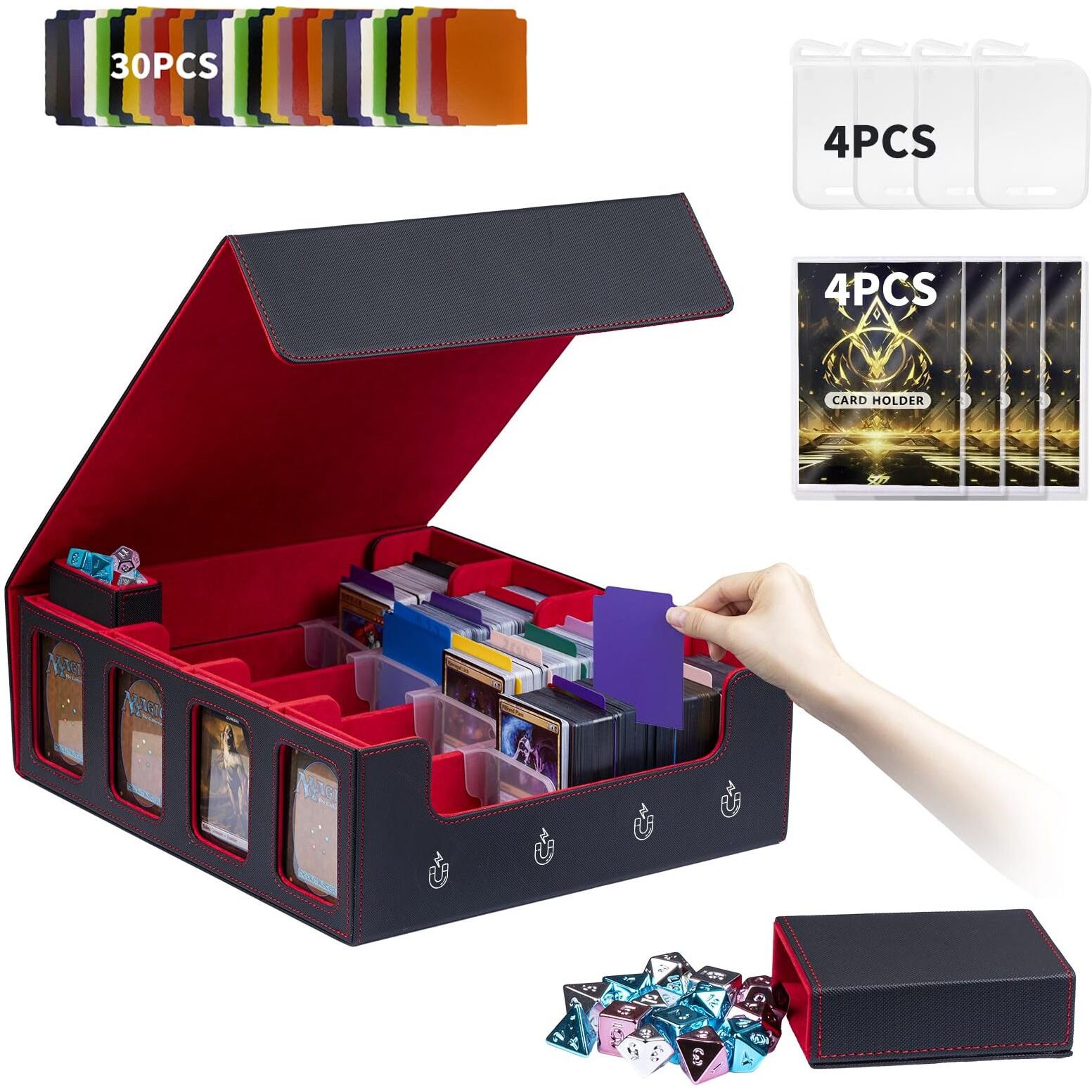 Pluscraft Mtg Commander Deck Box 3200+ Card Trading Card Storage Box Tcg Deck Case With Display Windows Dice Tray Card Organizer 30 Colorful Dividers& 4 Card Supporters& 4 Toploaders