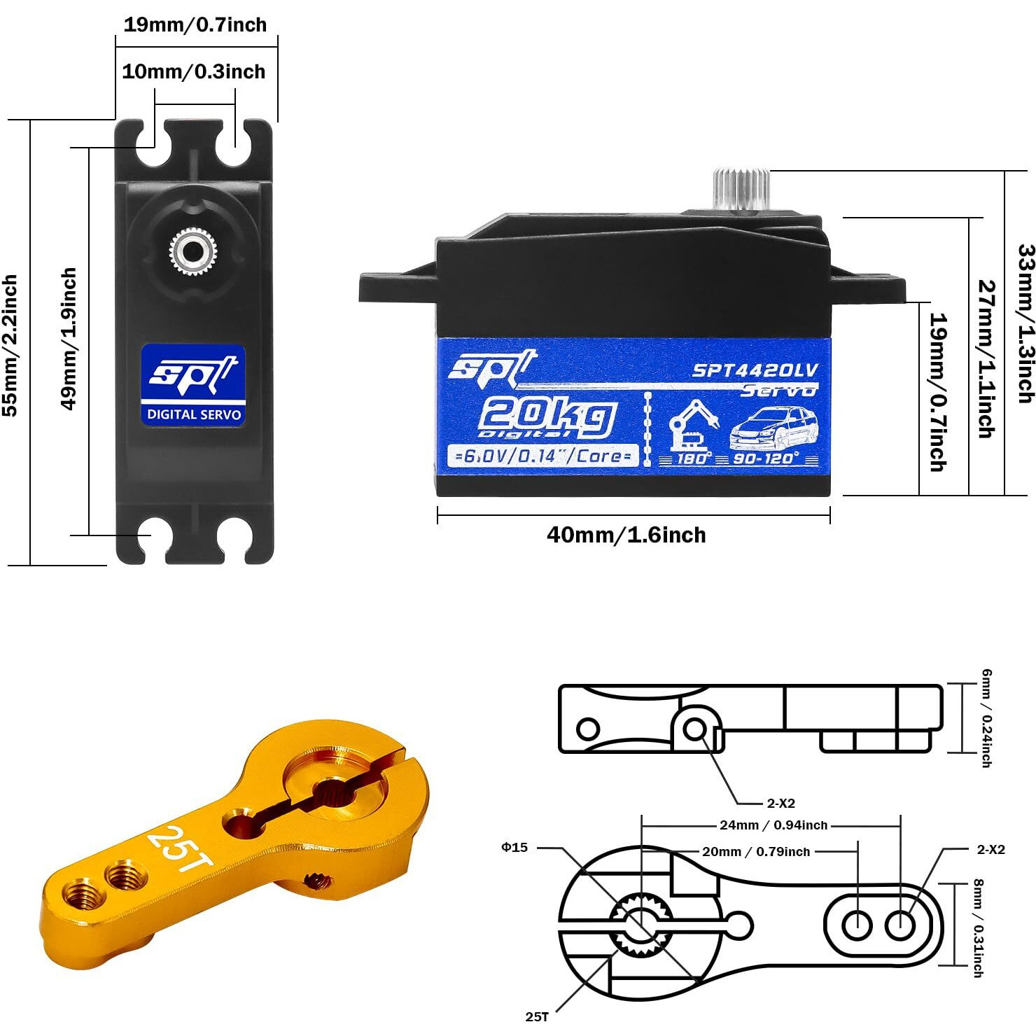 Gouprc 20Kg Low Profile Servo High Torque Of Metal Gear Digital Servo With 25T Metal Arm For 1/8 1/10 1/12 Rc Model Diy Car Robot