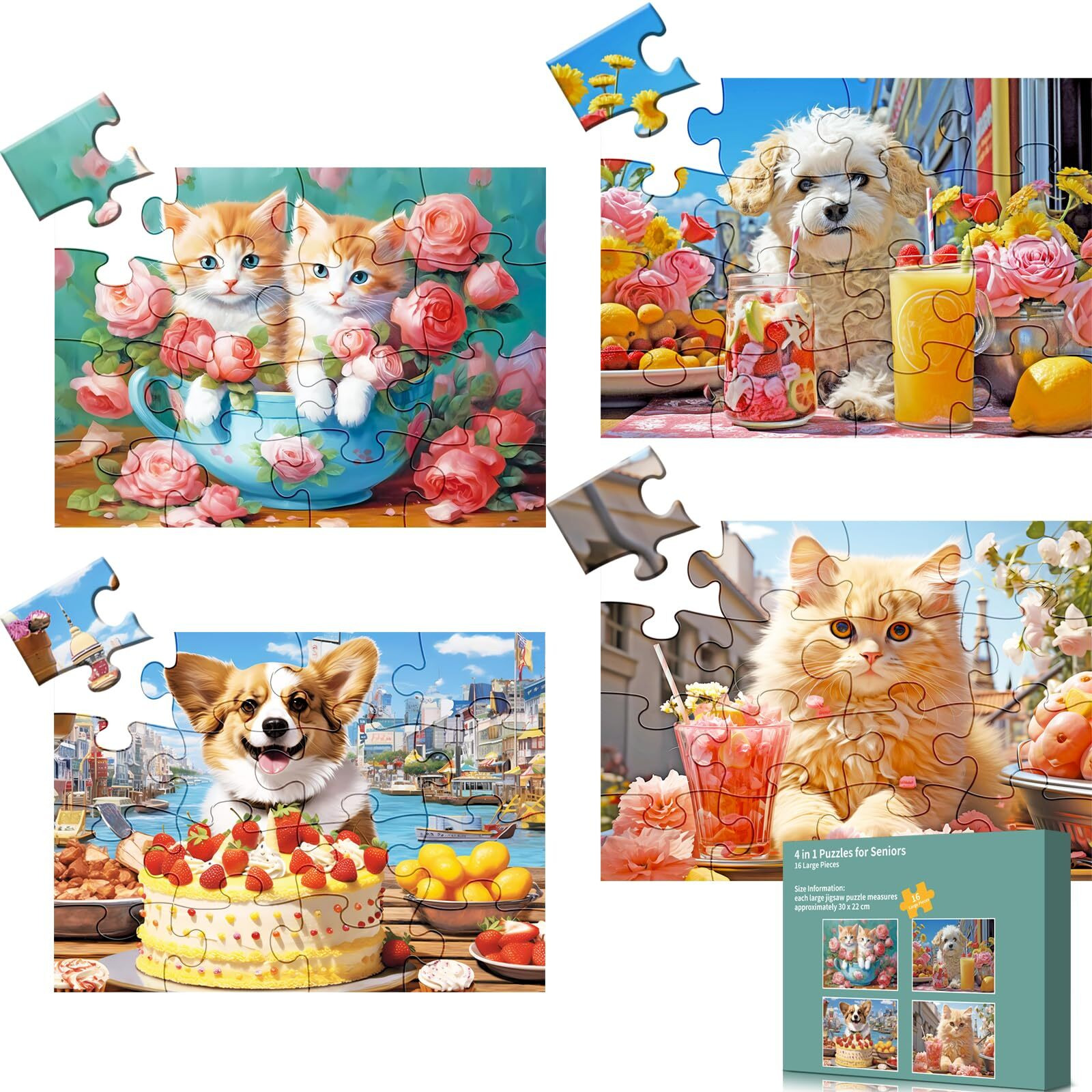 Mjyphdm 4 Pack 16 Large Piece Puzzle For Seniors  Alzheimer's Cognitive Jigsaw Puzzles For Elderly  For Dementia Easy Fun Puzzles Memory Game With 4 Storage Bags