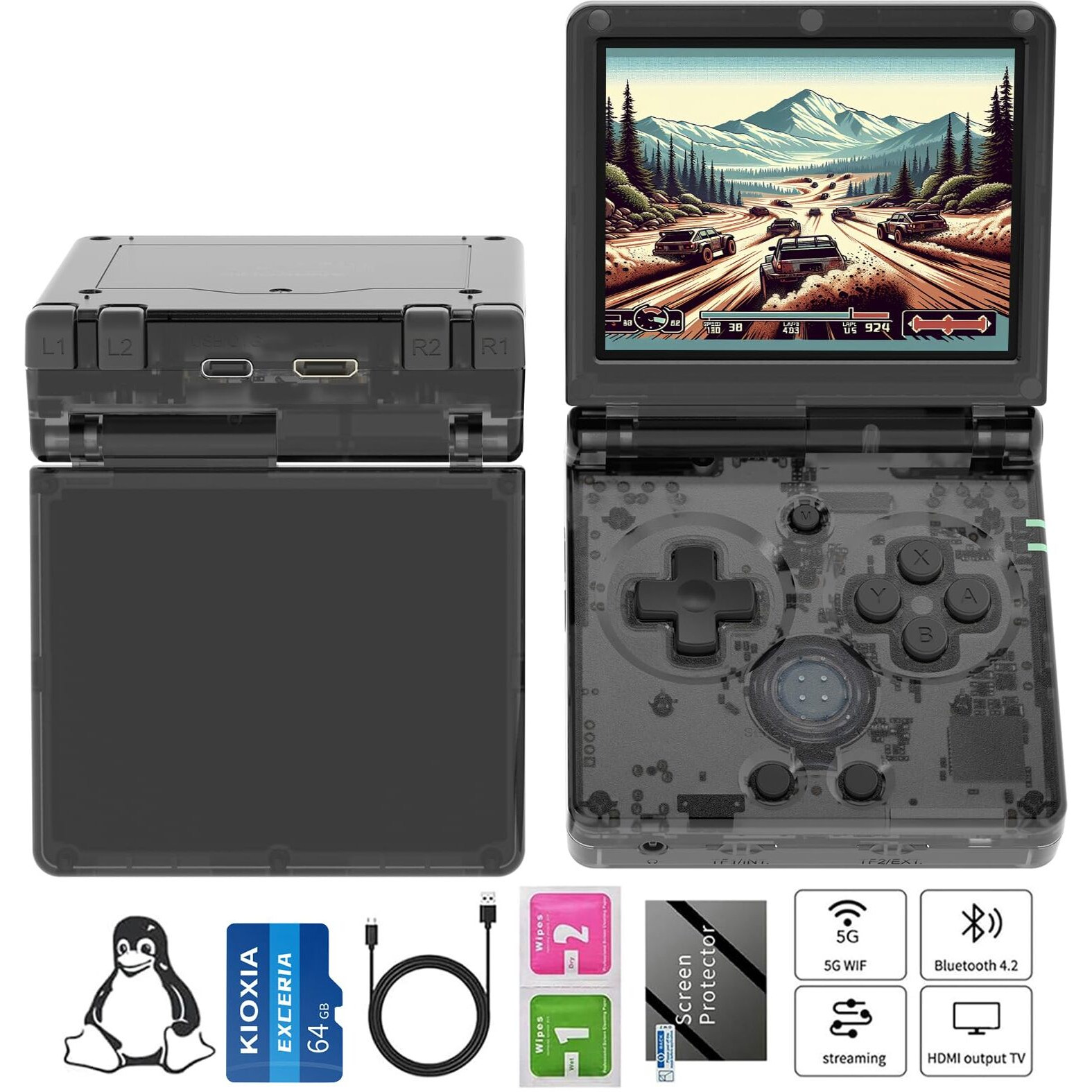 Rg35Xxsp Flip Handheld Game Console Rg35Xxsp Clamshell Retro Game Console With 64G Tf Card Upgrade 64-Bit System Portable Gaming Console 3300Mah Battery Supports 5G Wifi Bluetooth Hd Tv Output Black