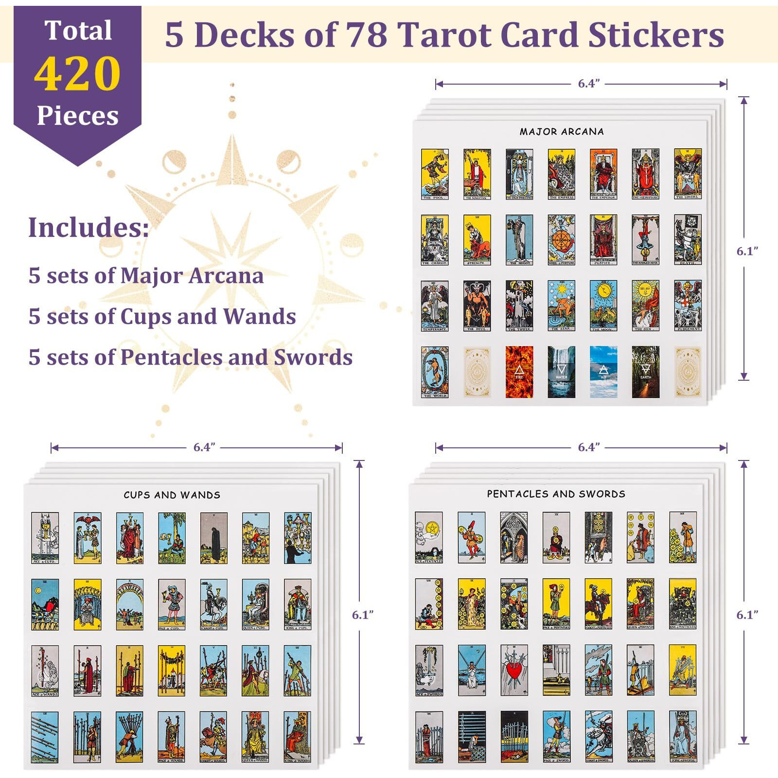 Fofeadm 420 Pcs Mini Tarot Stickers For Journaling  1.25"" X 0.78"" Tarot Card Stickers Based On Rider Waite Tarot Deck  8 Tarot Cheat Sheet Included