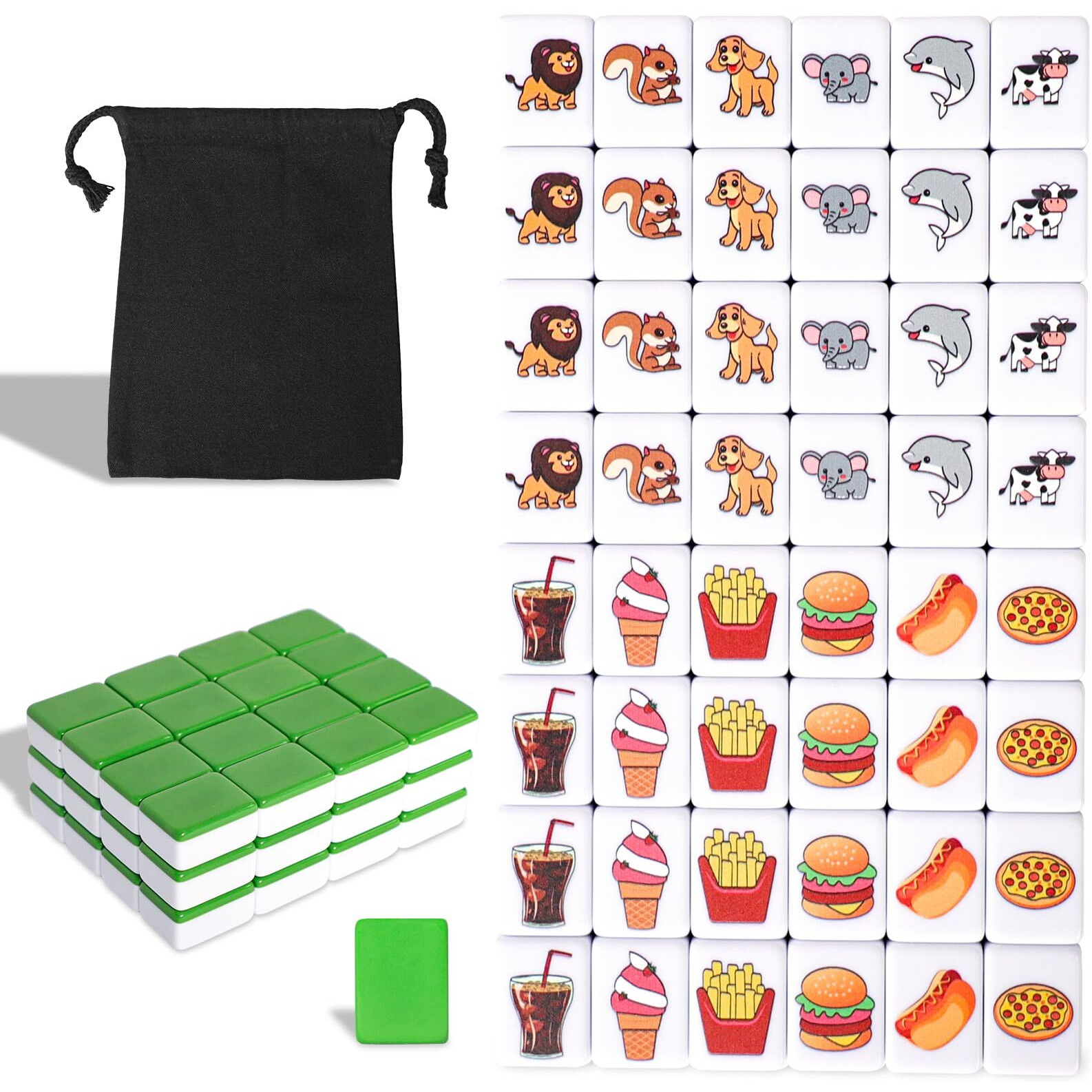 Gracias 2 Players Mahjong Block Set  Mahjong Tile Game With 49 Premium Green Tiles(30Mm) Animal And Food Pattern  Portable Mahjongg Set With A Carry Bag
