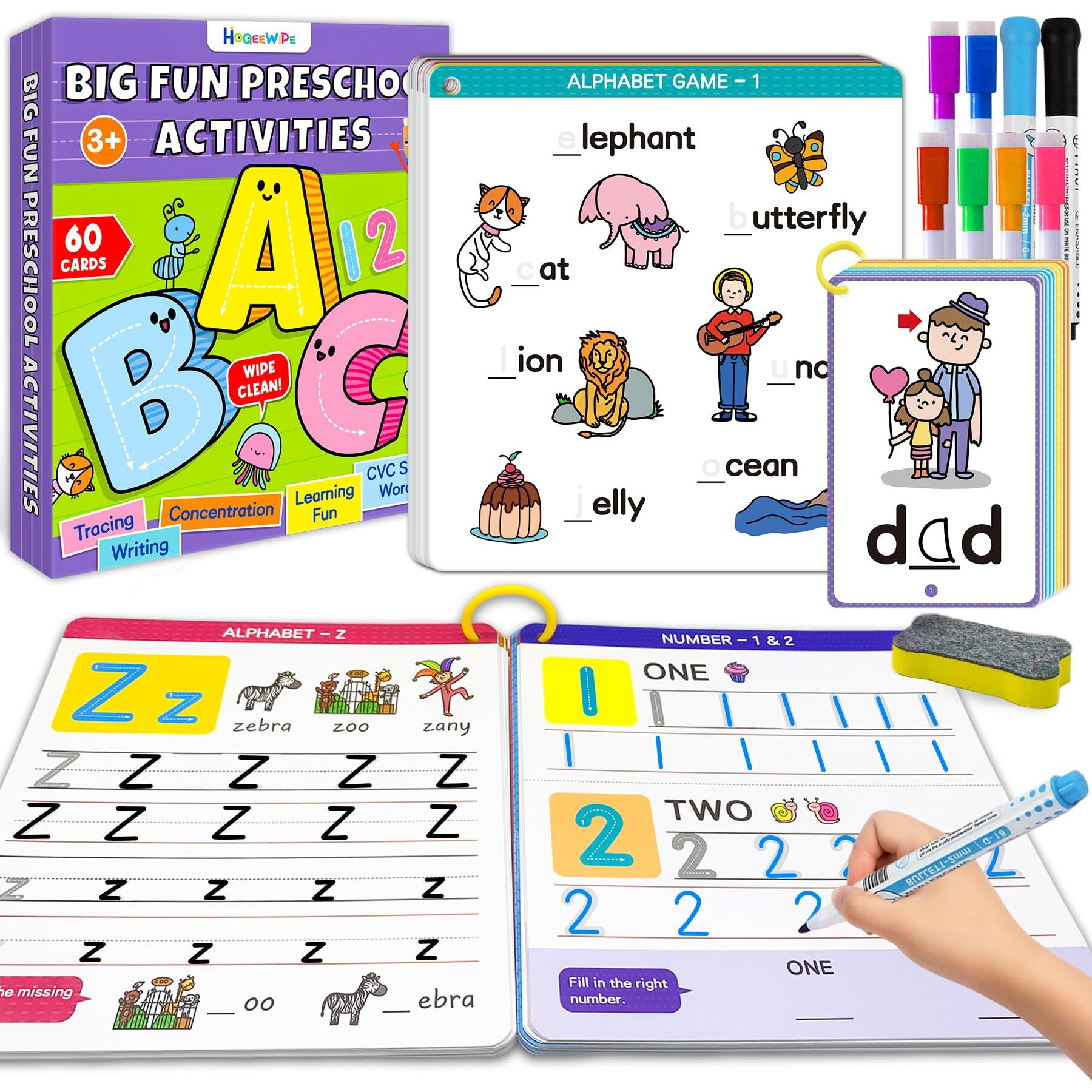 Hoqeewipe Preschool Learning Activities - Reusable Handwriting Tracing Books For Kids  Prek Kindergarten Workbooks  Cvc Word Game  Numbers & Alphabet Educational Learning Toys For 3  4  5  6 Year Old