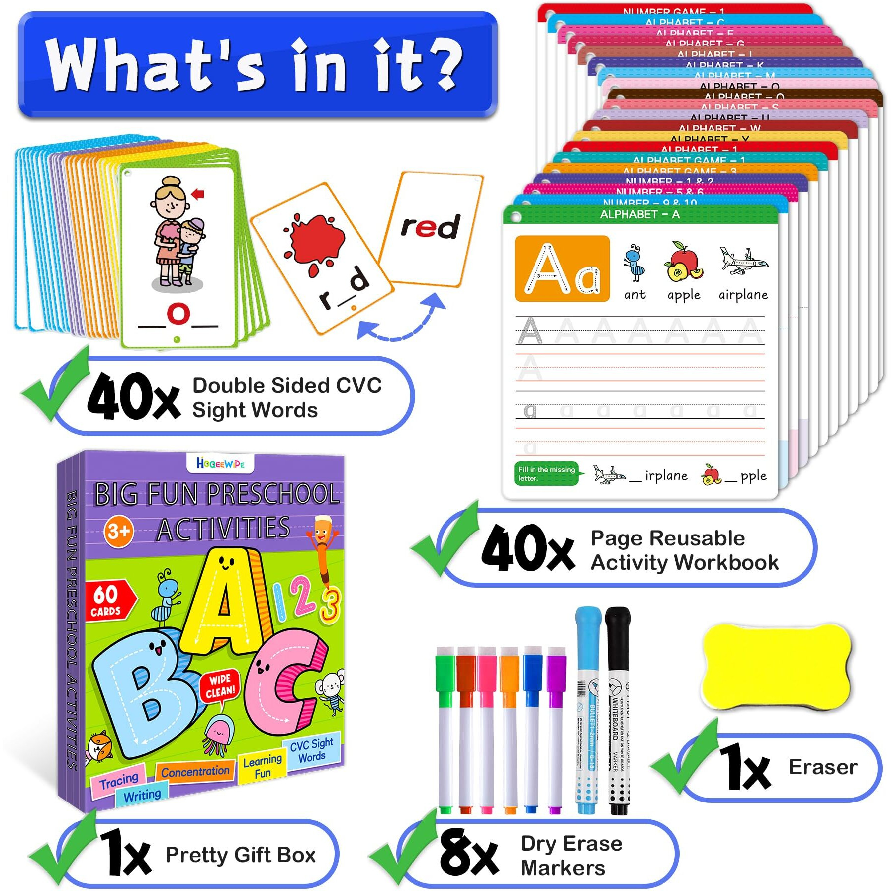 Hoqeewipe Preschool Learning Activities - Reusable Handwriting Tracing Books For Kids  Prek Kindergarten Workbooks  Cvc Word Game  Numbers & Alphabet Educational Learning Toys For 3  4  5  6 Year Old