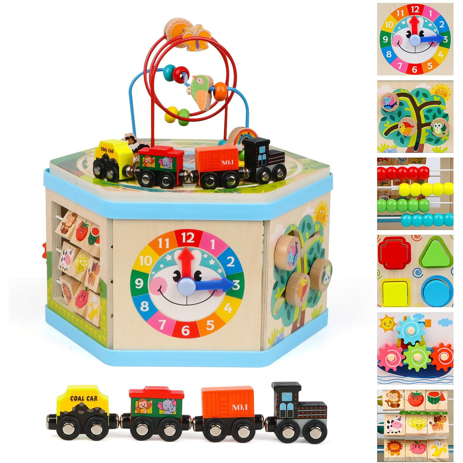 Wooden Activity Cube 9-In-1 Montessori Toys For 1+ Year Old Boys Girls Educational Learning Toys For Toddlers Age 1-2 One Year Old First Birthday Gift Bead Maze Magnetic Trains Track Shape Sorter