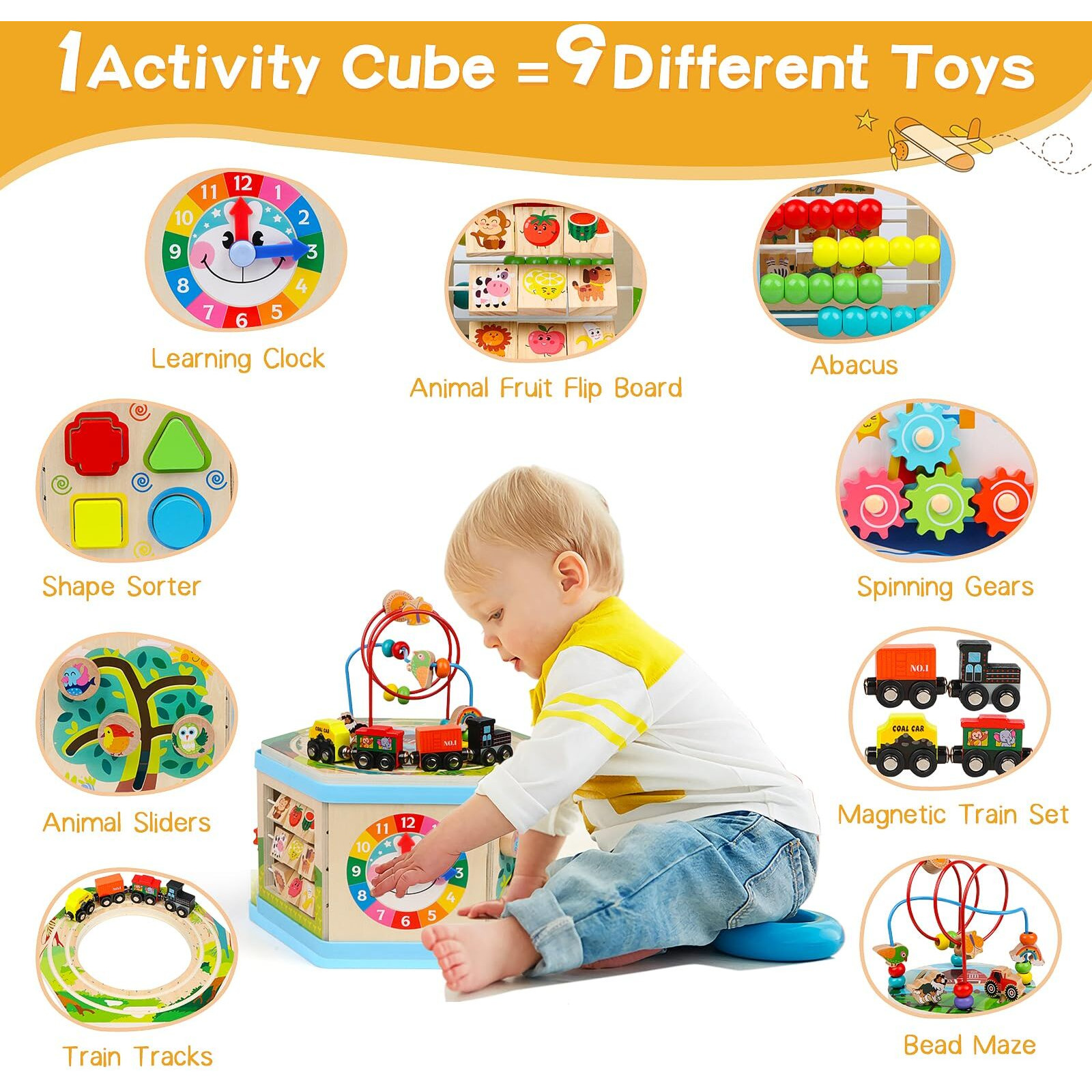 Wooden Activity Cube 9-In-1 Montessori Toys For 1+ Year Old Boys Girls Educational Learning Toys For Toddlers Age 1-2 One Year Old First Birthday Gift Bead Maze Magnetic Trains Track Shape Sorter