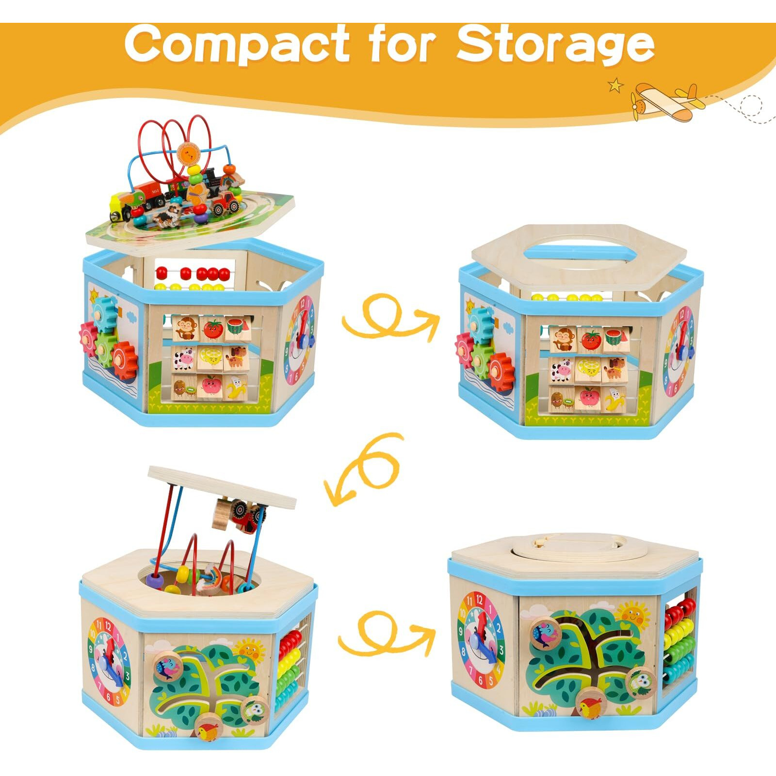 Wooden Activity Cube 9-In-1 Montessori Toys For 1+ Year Old Boys Girls Educational Learning Toys For Toddlers Age 1-2 One Year Old First Birthday Gift Bead Maze Magnetic Trains Track Shape Sorter