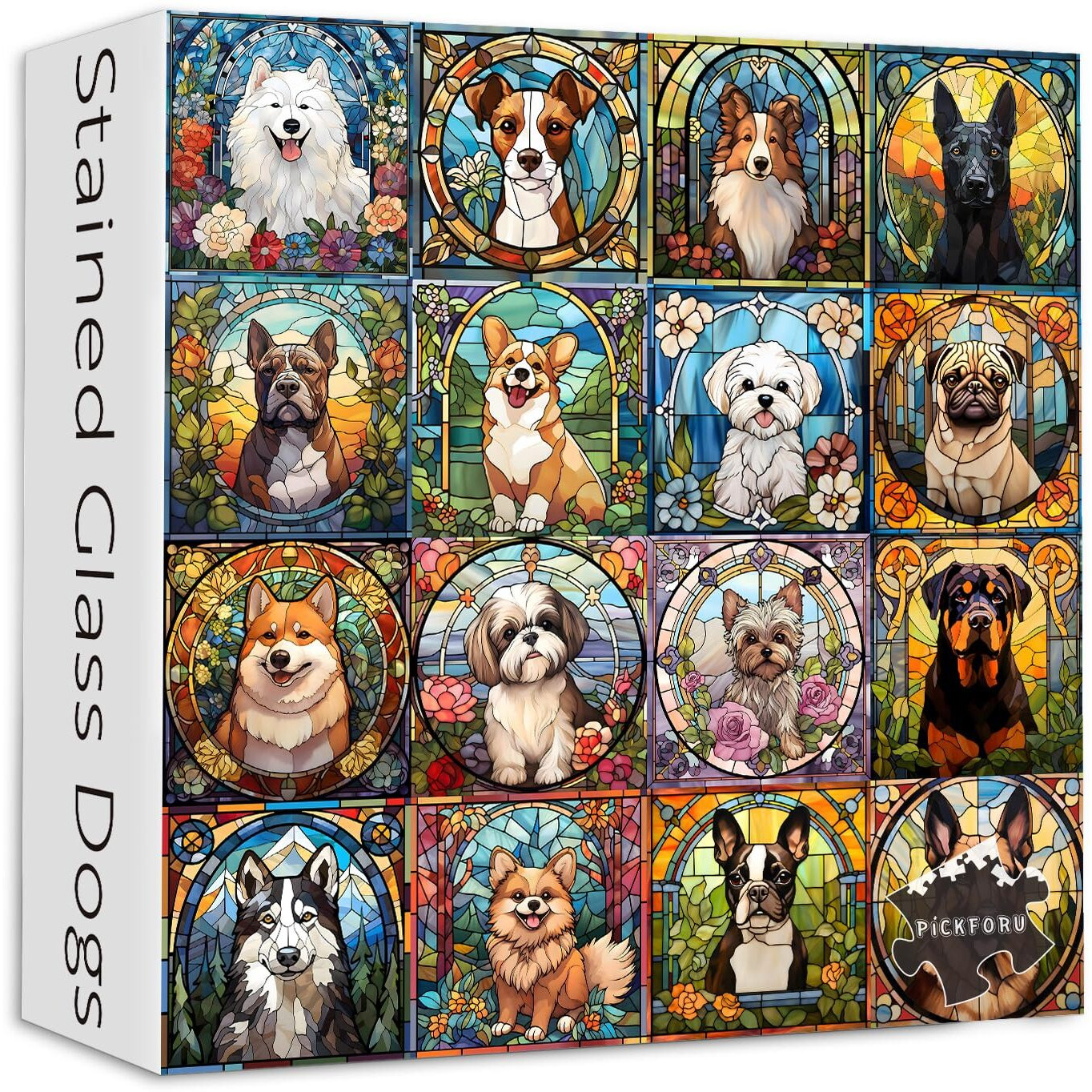 Stained Glass Puzzle  Dog Puzzles For Adults 1000 Pieces  Colorful Animal Puppy Collage Puzzles 1000 Pieces Corgi Bulldog  Hard Difficult Impossible Challenging Jigsaw Puzzles
