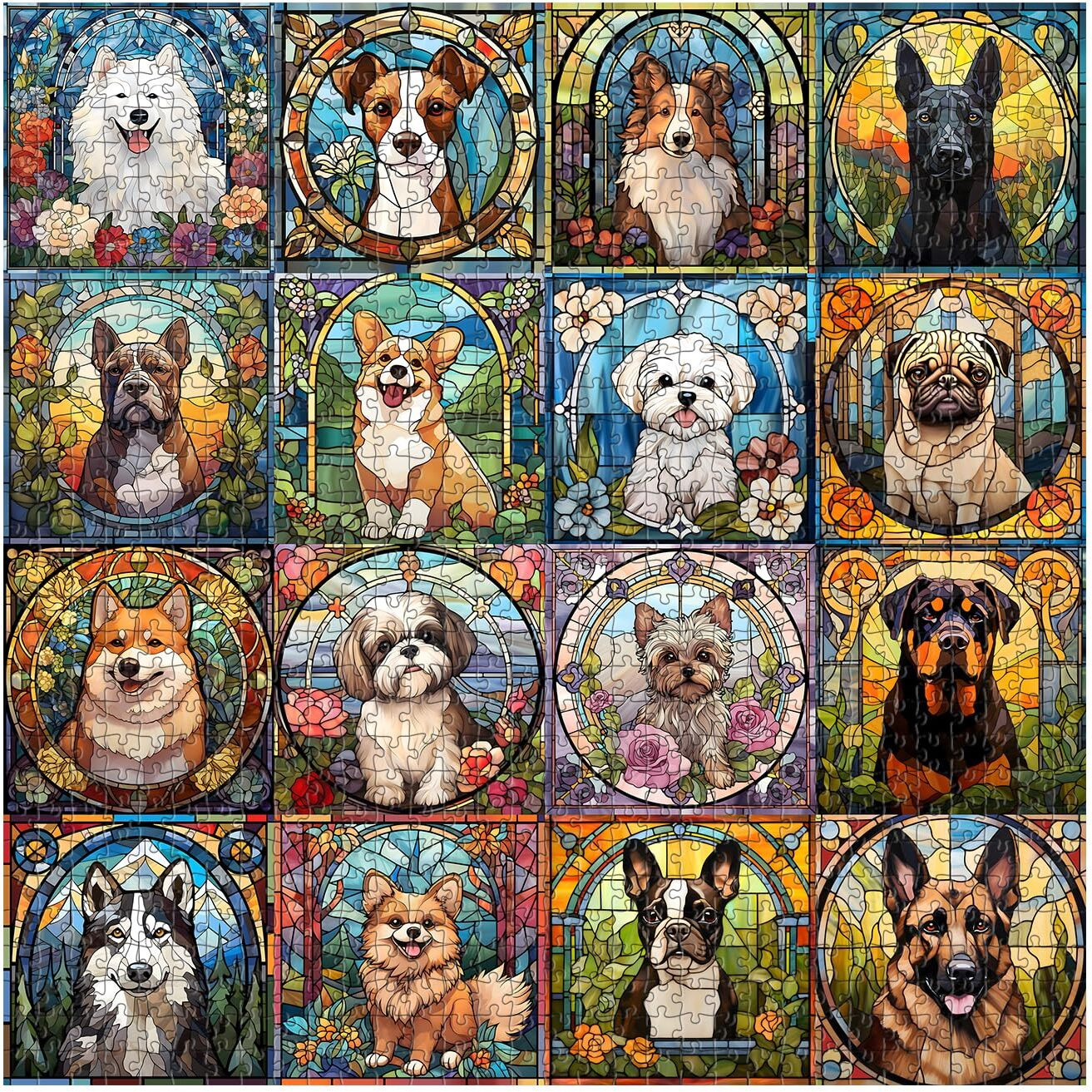 Stained Glass Puzzle  Dog Puzzles For Adults 1000 Pieces  Colorful Animal Puppy Collage Puzzles 1000 Pieces Corgi Bulldog  Hard Difficult Impossible Challenging Jigsaw Puzzles