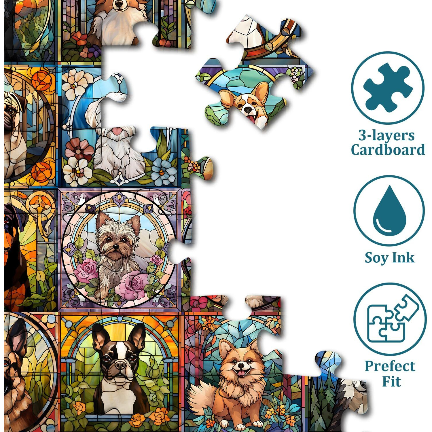 Stained Glass Puzzle  Dog Puzzles For Adults 1000 Pieces  Colorful Animal Puppy Collage Puzzles 1000 Pieces Corgi Bulldog  Hard Difficult Impossible Challenging Jigsaw Puzzles