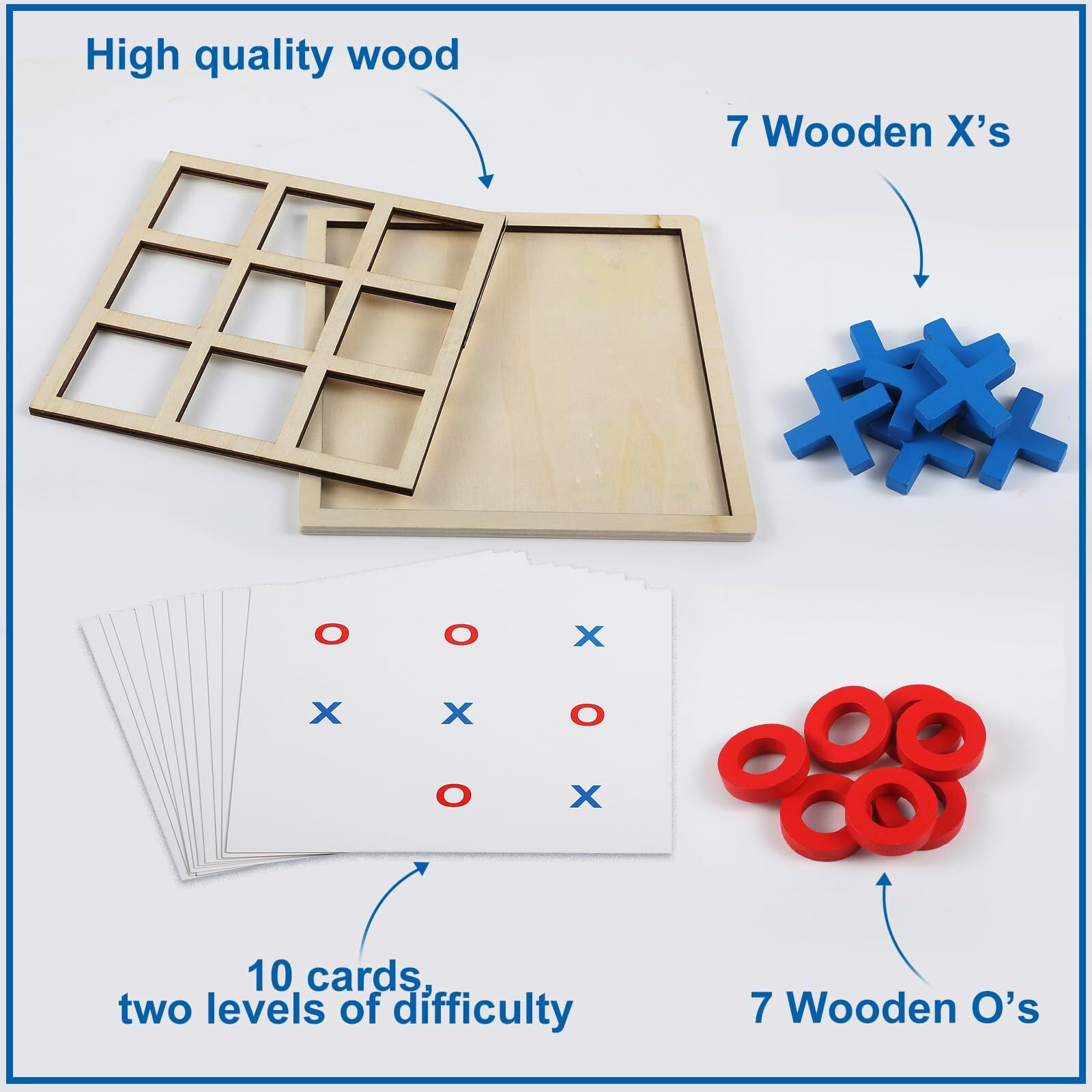 Seenelling Jumbo Wooden Tic Tac Toe Game Dementia Activities For Alzheimers Seniors With Matching And Puzzle Templates Xo Chess Board Game For Elderly Engaging Table Decor(Blue  Red)