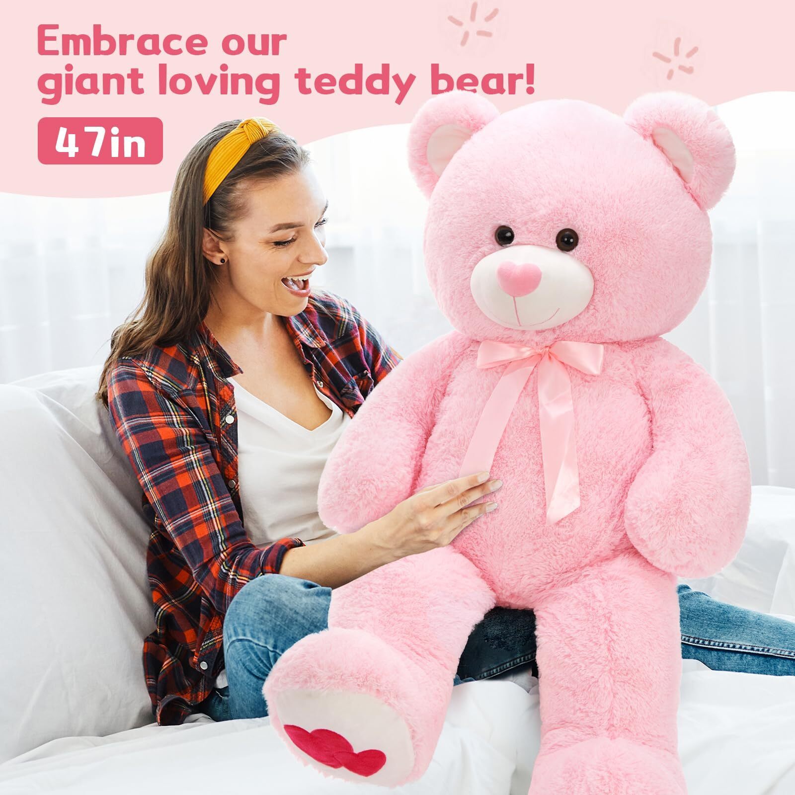 Maogolan Giant Pink Teddy Bear Plush 42 ""   "&quotHeart Footprints And Heart Nose  Large Valentines Teddy Bear For Girlfriend  Wife  Lover-Anniversary  Birthday  Long Distance