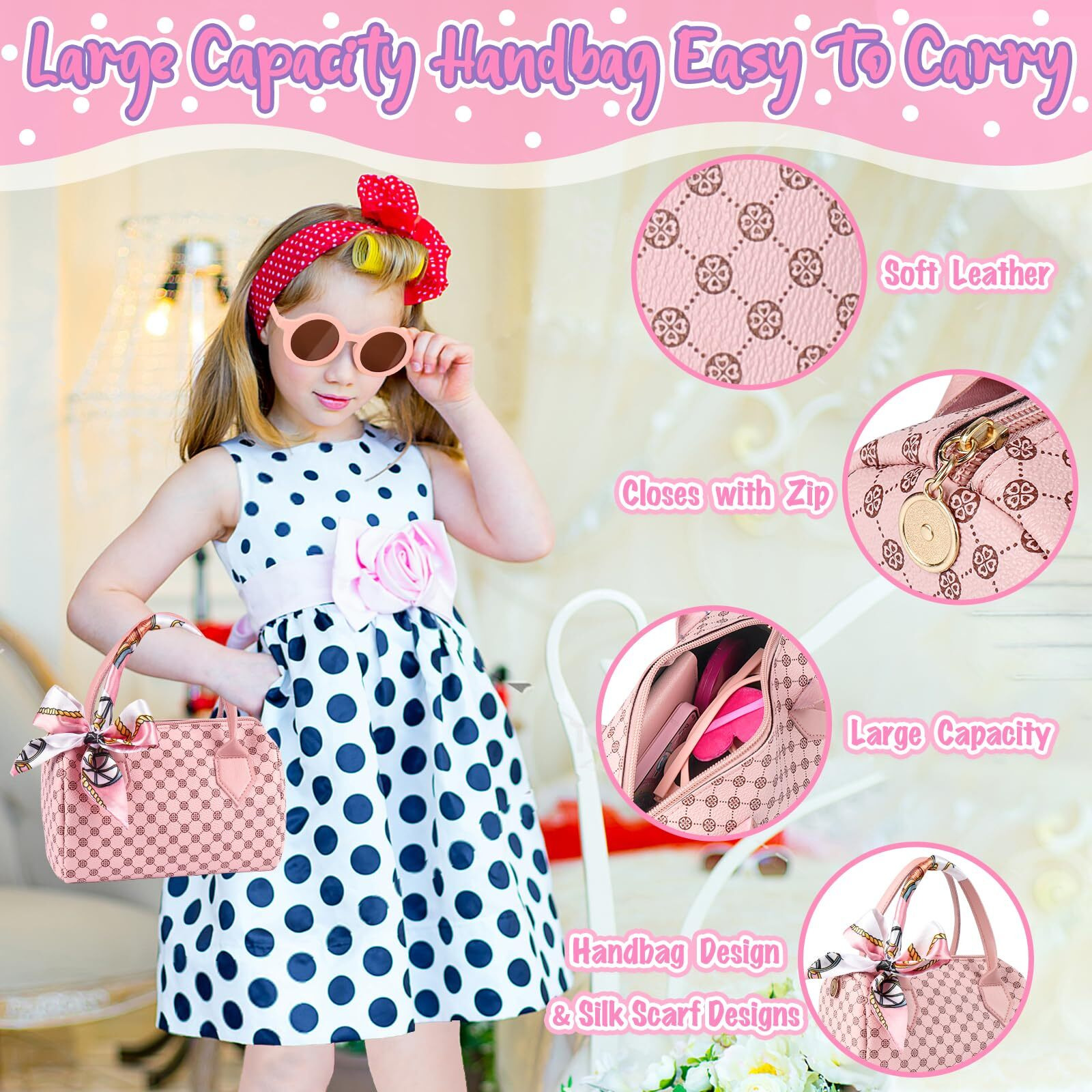 Oisacirg Play Purse For Little Girls  32Pcs Toddler Purse With Pretend Makeup For Kids  Princess Toys Includes Handbag  Phone  Wristwatch  Silk Scarf Kids Toy Purse Birthday Gift For Girls 3 4 5 6 +