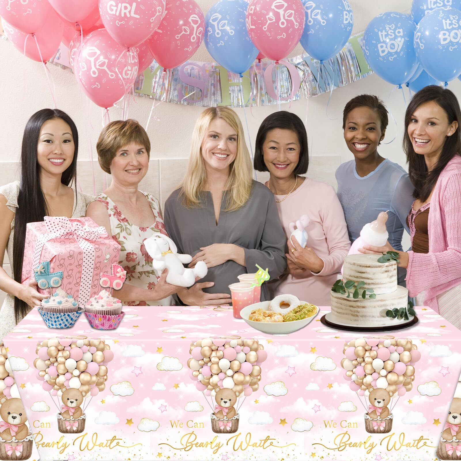Bear Baby Shower Tablecloth  We Can Bearly Wait Baby Shower Decorations 3Pcs Pink Teddy Bear Table Cover  Bear Baby Girls Gender Reveal Tablecloth