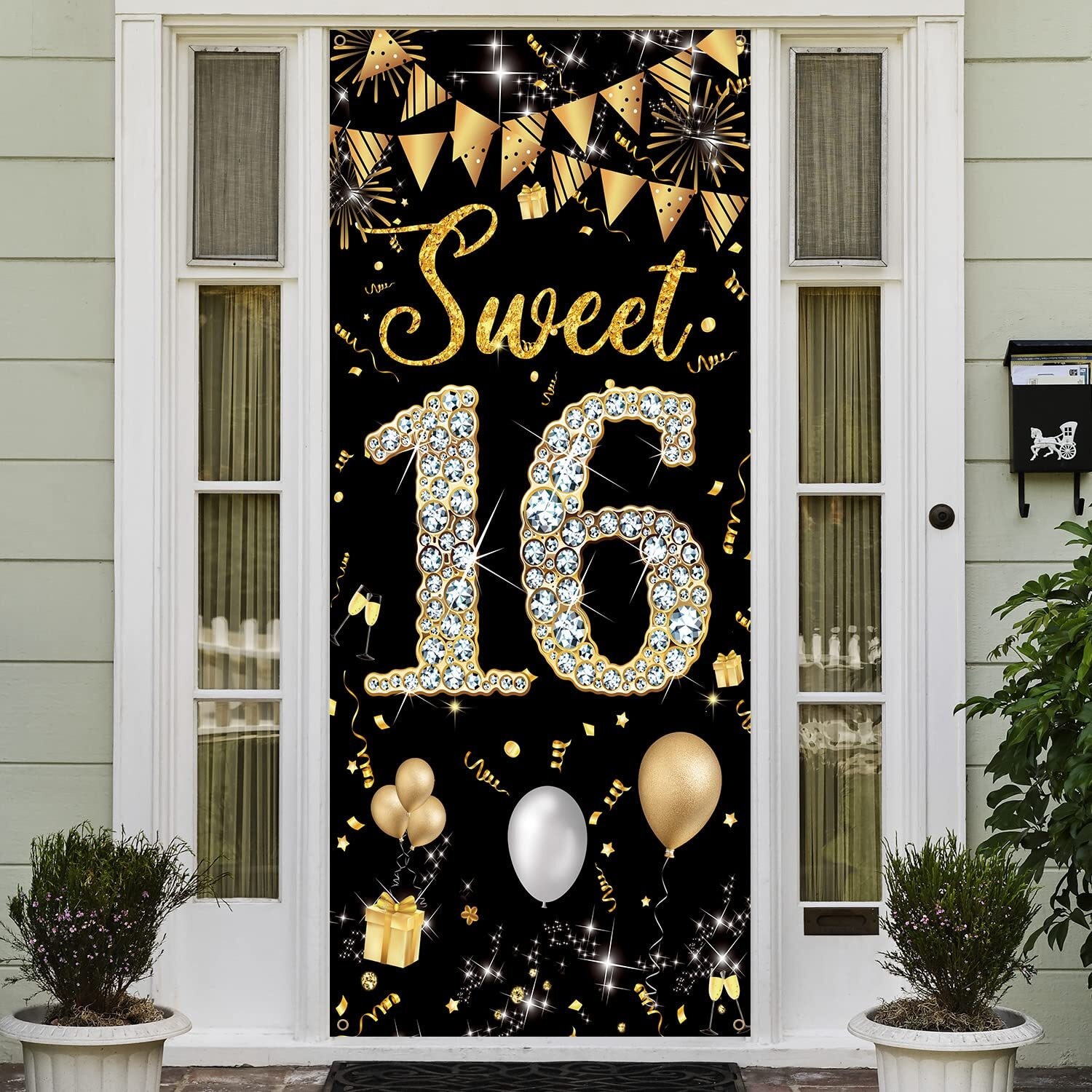 Sweet 16 Birthday Decorations Door Banner  Black Gold Happy Sweet 16 Birthday Decorations For Girls Boys  Sweet Sixteen Party Decorations  Door Cover Sign Decoration Backdrop  6.1Ft X 3Ft Fabric Phxey