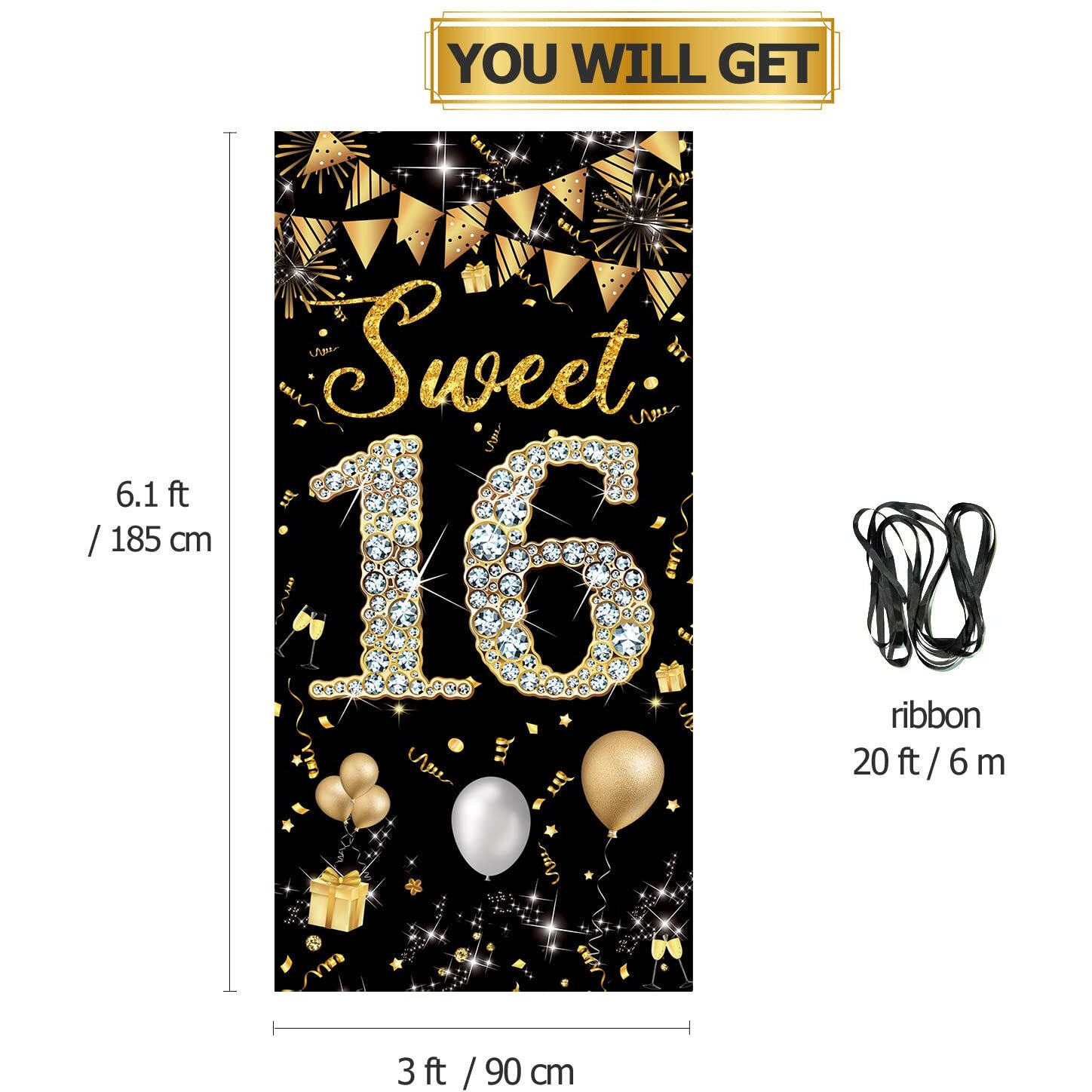 Sweet 16 Birthday Decorations Door Banner  Black Gold Happy Sweet 16 Birthday Decorations For Girls Boys  Sweet Sixteen Party Decorations  Door Cover Sign Decoration Backdrop  6.1Ft X 3Ft Fabric Phxey