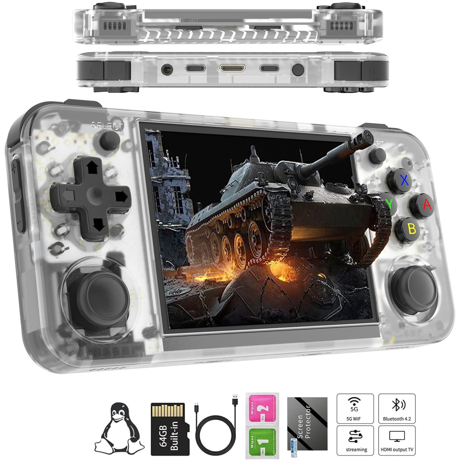 Rg35Xx H Retro Handheld Game Consoles Rg35Xxh Retro Gaming Console With 3300Mah Battery 5500+ Games 64G Tf Card Linux System 3.5-Inch Ips Screen Cortex-A53 Rg35Xx H Portable Handheld Emulator(White)