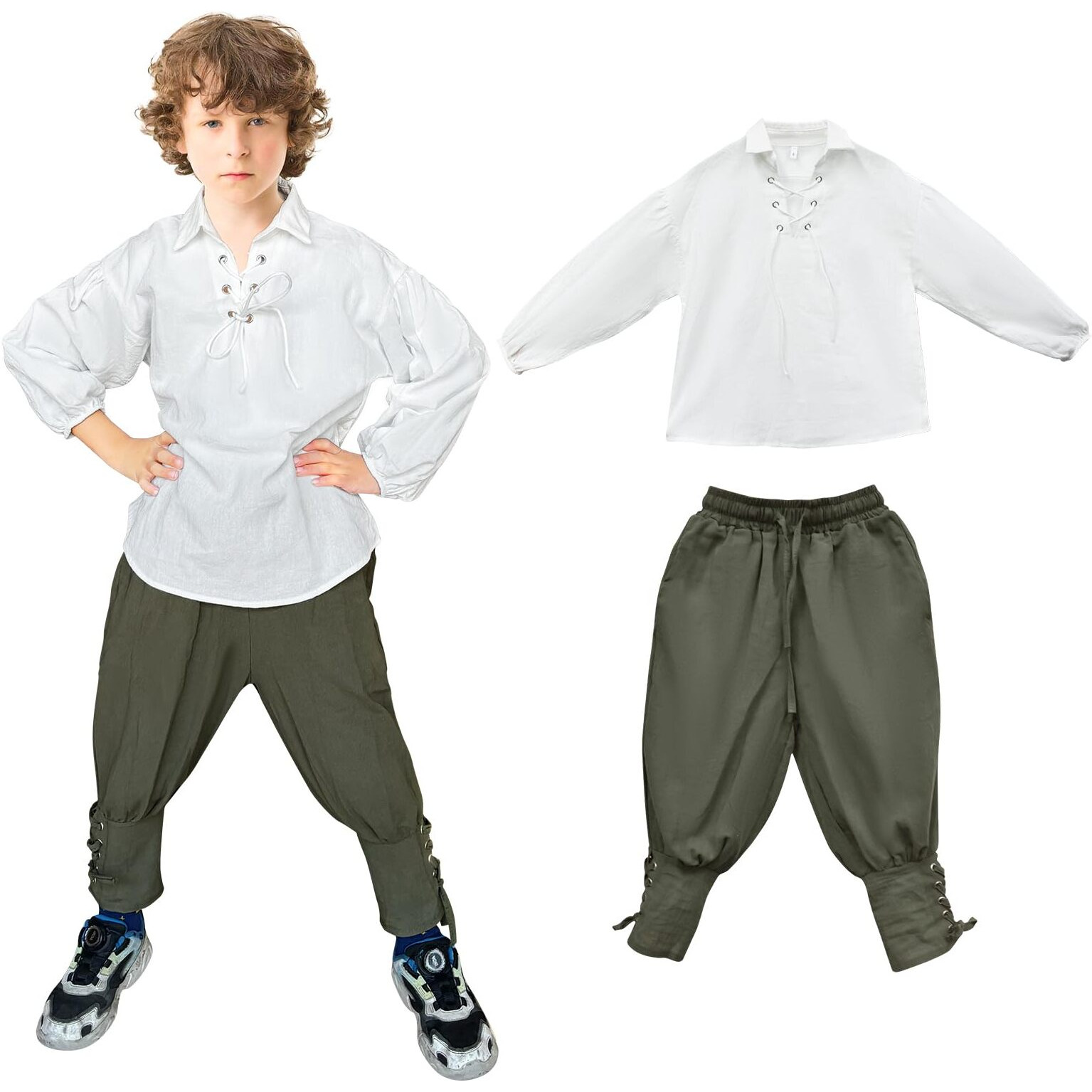 Prebene Boys Medieval Pirate Set Shirt & Ankle Pants Kids Renaissance Halloween Costume Scottish Jacobite Tops And Trousers (White+Green  8-10T)