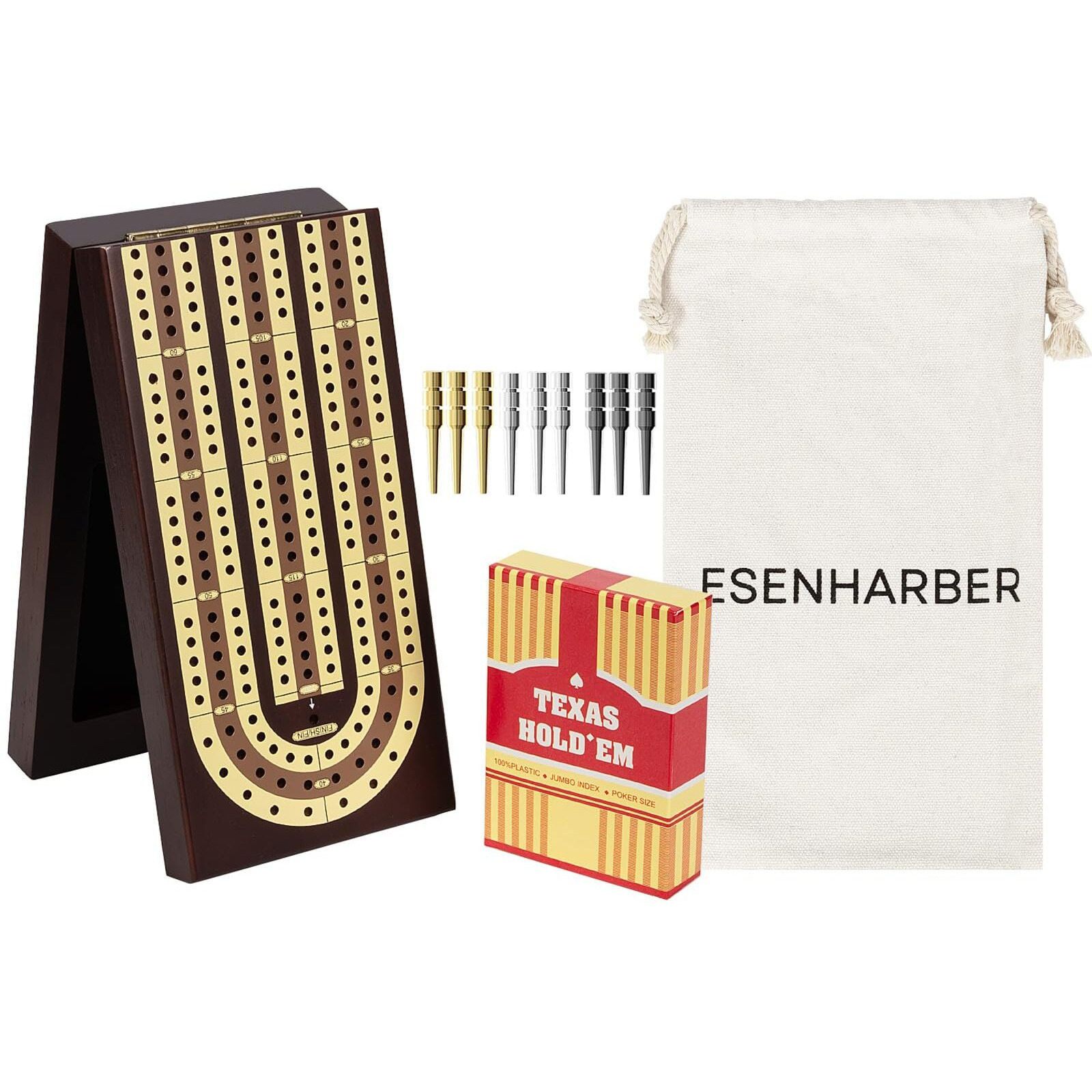 Foldable Wooden Cribbage Board Set - Elegant 3-Track Design With Magnetic Closure  9 Metal Pegs  Full Deck Of Cards  Perfect For Family Game Nights And Travel