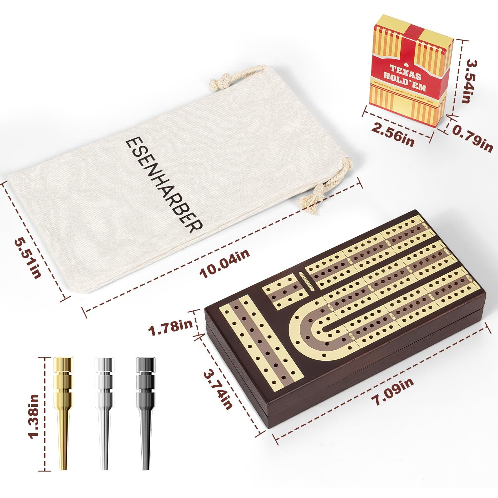 Foldable Wooden Cribbage Board Set - Elegant 3-Track Design With Magnetic Closure  9 Metal Pegs  Full Deck Of Cards  Perfect For Family Game Nights And Travel