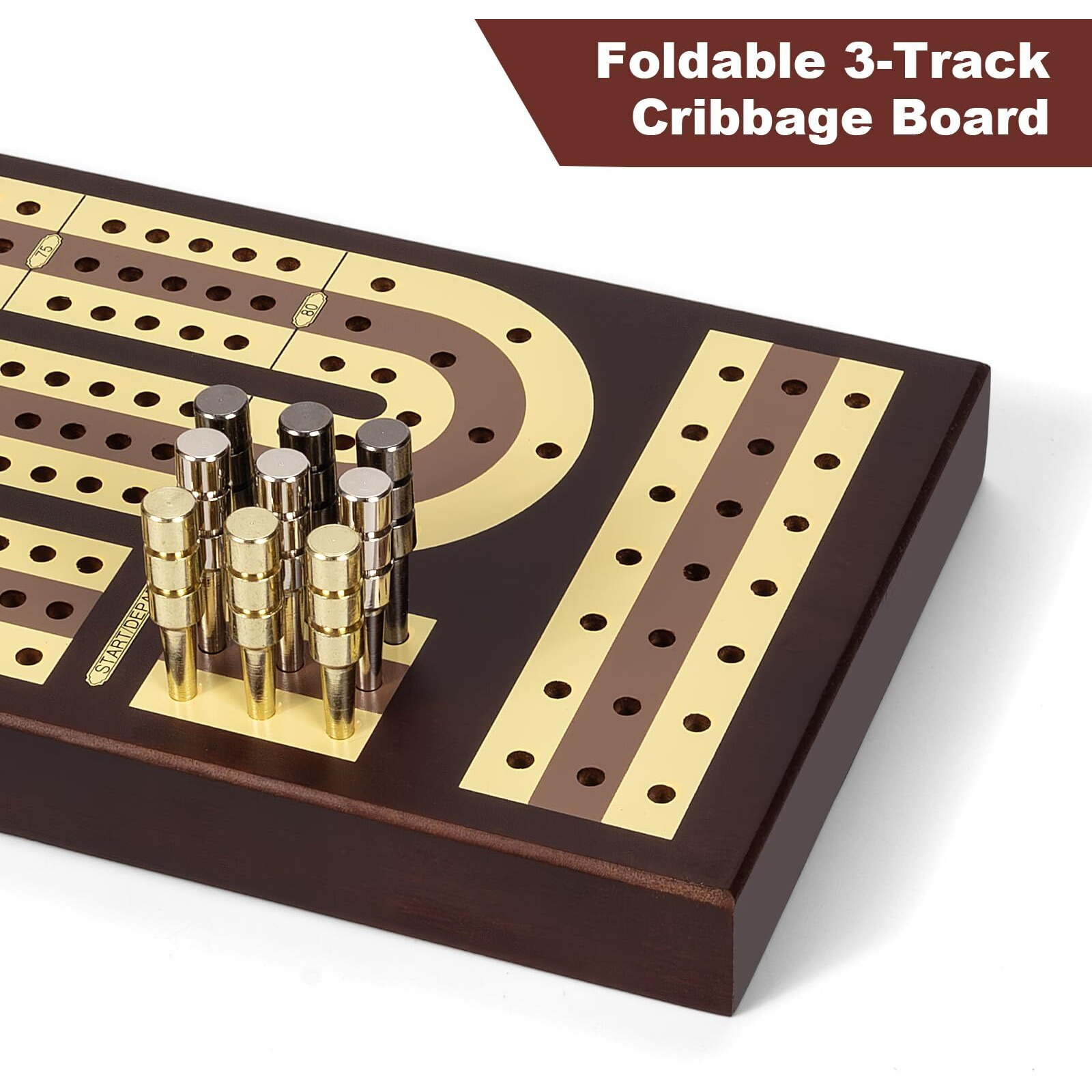 Foldable Wooden Cribbage Board Set - Elegant 3-Track Design With Magnetic Closure  9 Metal Pegs  Full Deck Of Cards  Perfect For Family Game Nights And Travel