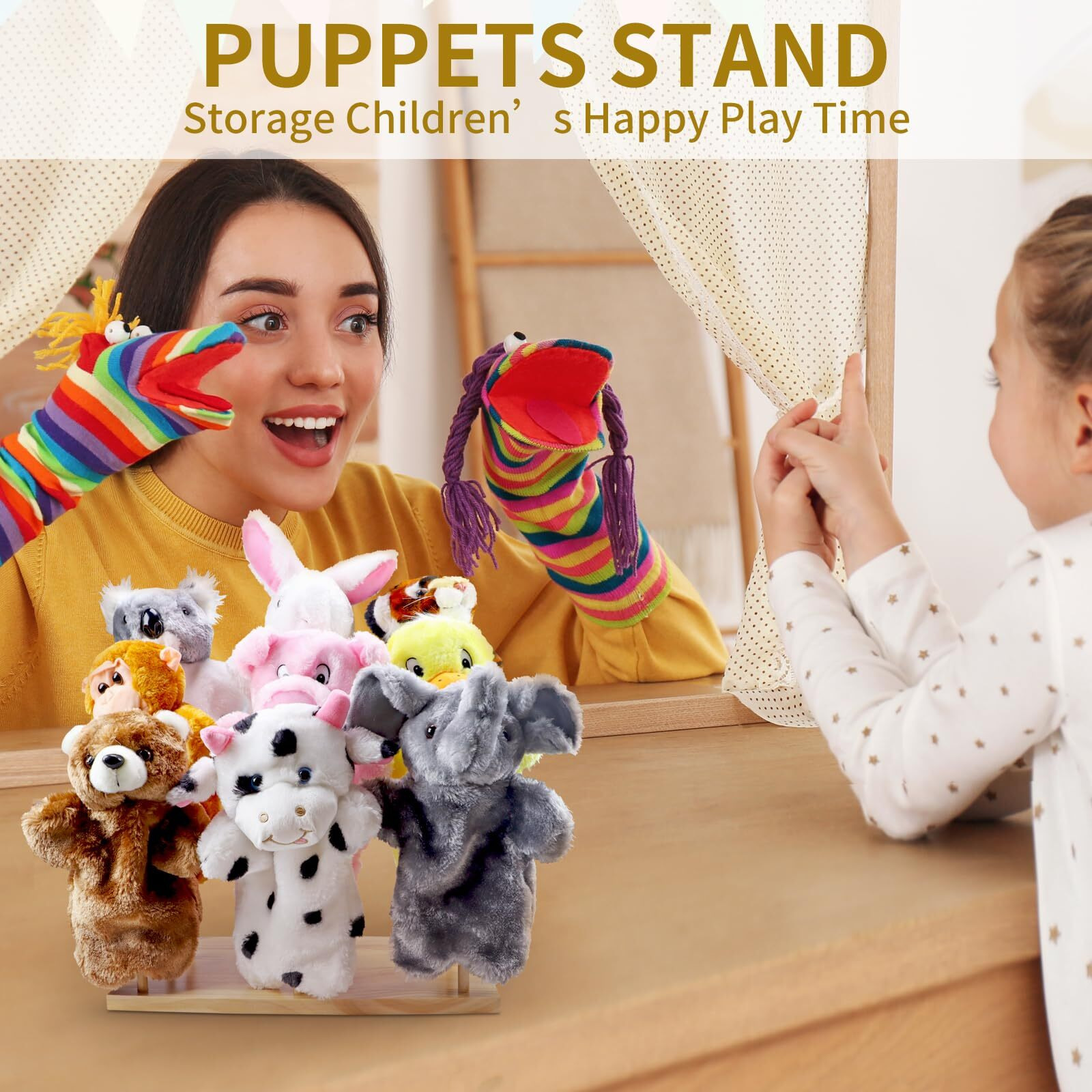 Ouvibor Wooden Puppet Stand  Education Wooden Puppet Tree Store And Display Doll Holder  Anti Crush Storage  Holds 9 Hand Puppets