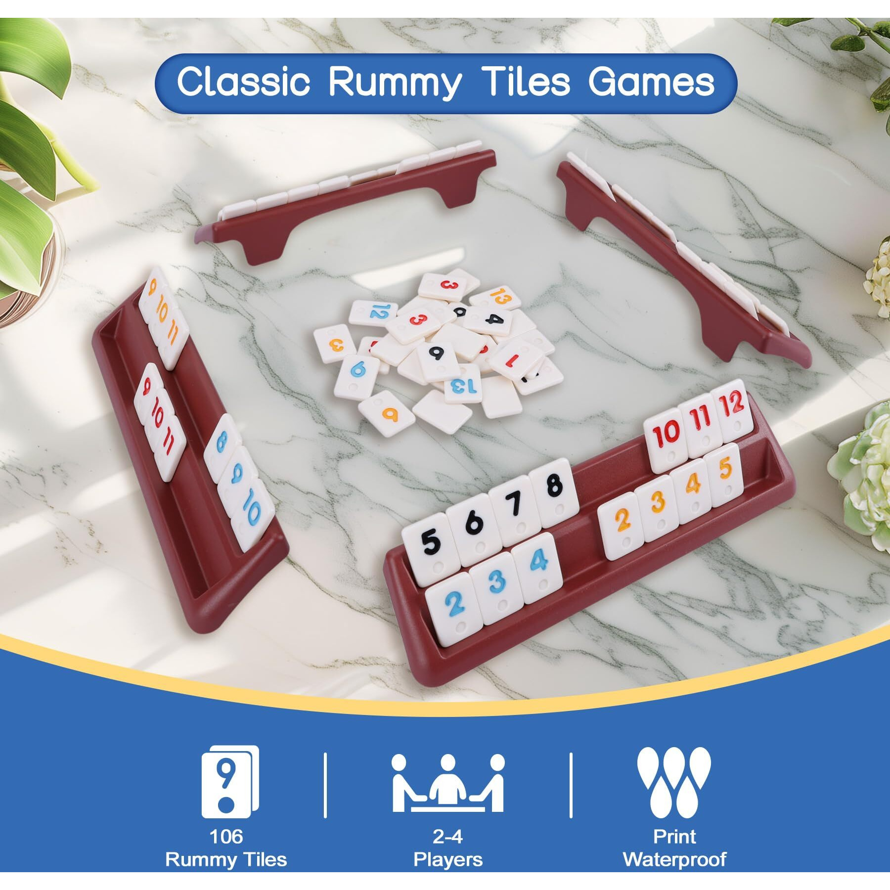 Offelec 106 Rummy Tiles Game With 4 Double Tiles Holders/Trays  Travel Size Rummy Cube Set  Classic Mini Rummy Game For Adult Kids And Family  2-4 Palyers