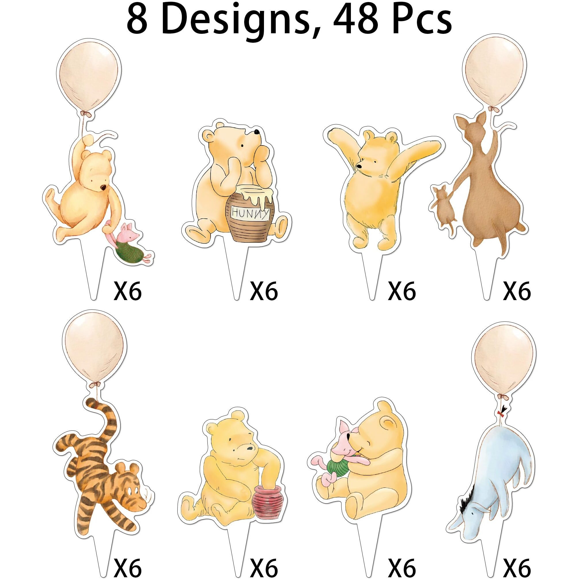 48 Pcs Winnie Cupcake Toppers Classic Pooh Baby Shower Decorations Cute Cake Decorations Oh Baby Newborn Party Favors Boys And Girls First Birthday Supplies