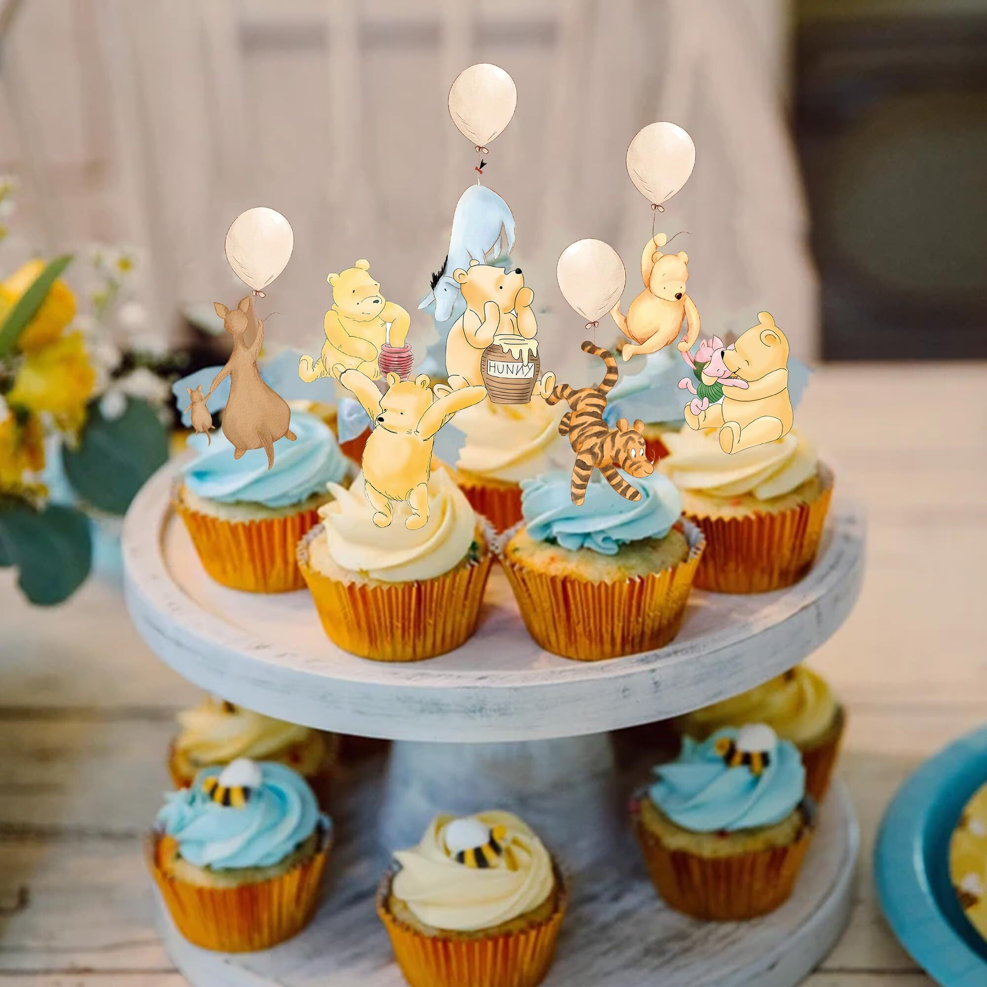 48 Pcs Winnie Cupcake Toppers Classic Pooh Baby Shower Decorations Cute Cake Decorations Oh Baby Newborn Party Favors Boys And Girls First Birthday Supplies
