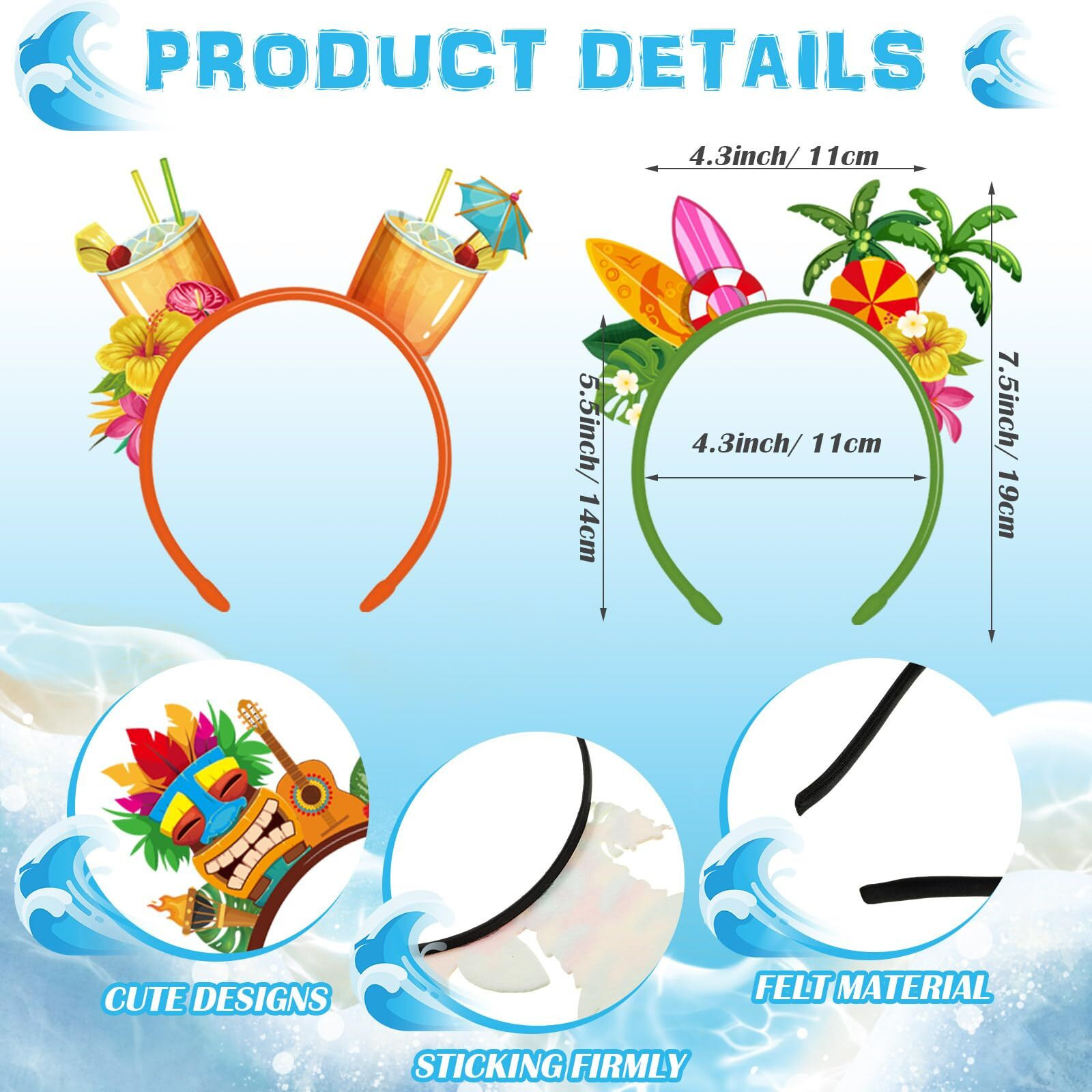 Capoda 16 Pieces Hawaiian Party Favors - Felt Luau Head Boppers  Flamingo Pineapple Palm Tree Tiki Aloha  Tropical Summer Beach Accessories