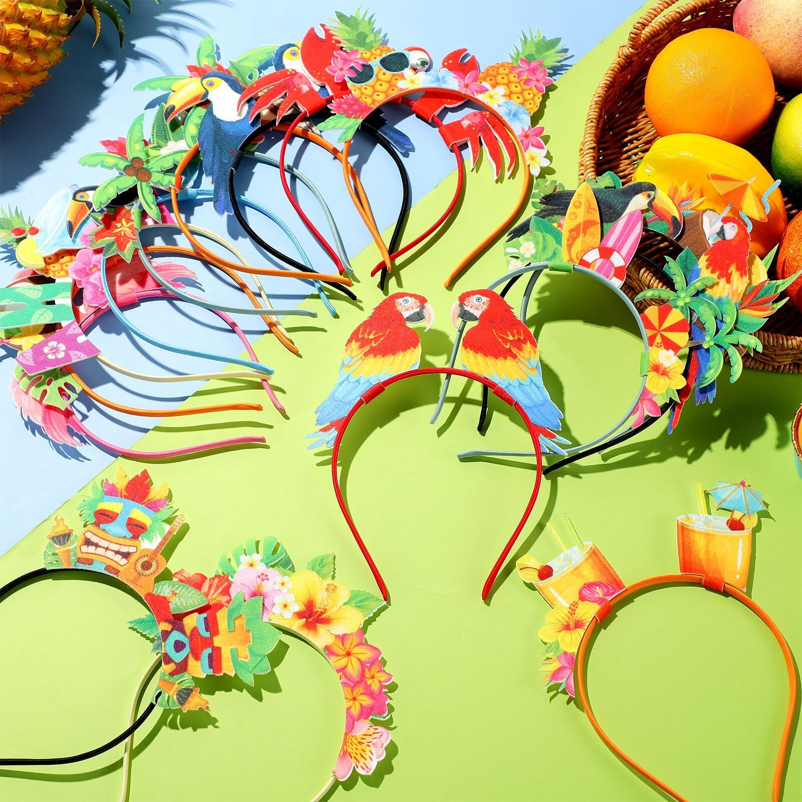 Capoda 16 Pieces Hawaiian Party Favors - Felt Luau Head Boppers  Flamingo Pineapple Palm Tree Tiki Aloha  Tropical Summer Beach Accessories