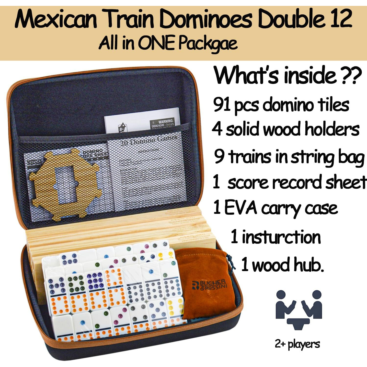 Bucher&Rossini Dominoes Set Double 12 With 4 Racks For Adults Kids  Mexican Train Dominoes Set Double 12  Mexican Train Dominoes (Double 12)